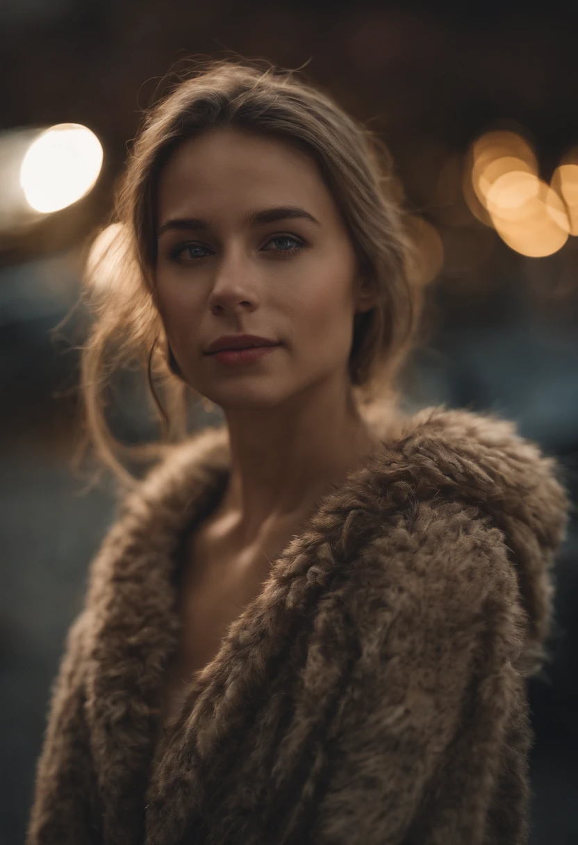 realistic nude woman holding two lit lanterns in forest,detailed face,detailed eyes,detailed lips,detailed skin texture,detailed fur coat,dramatic lighting,cinematic composition,photorealistic,8k,best quality,masterpiece