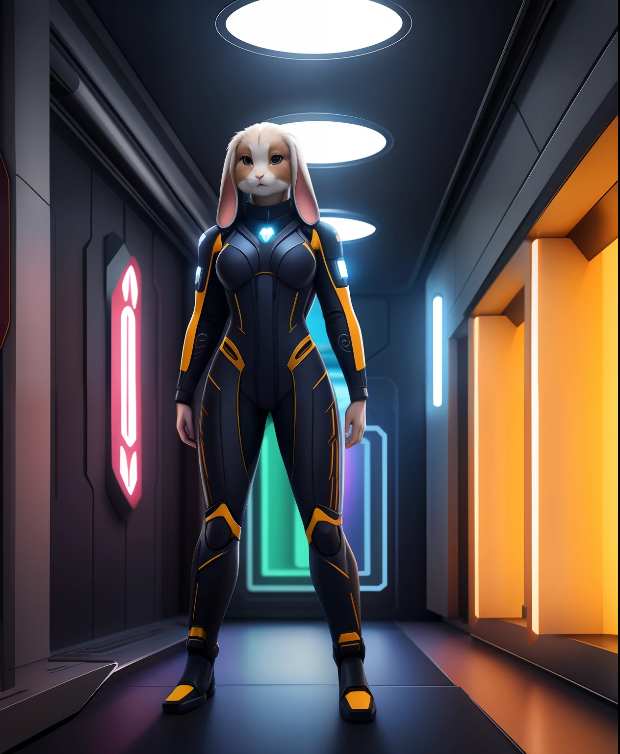 Female pink anthro holland lop rabbit, black and grey futuristic supersuit, full body view, live action style