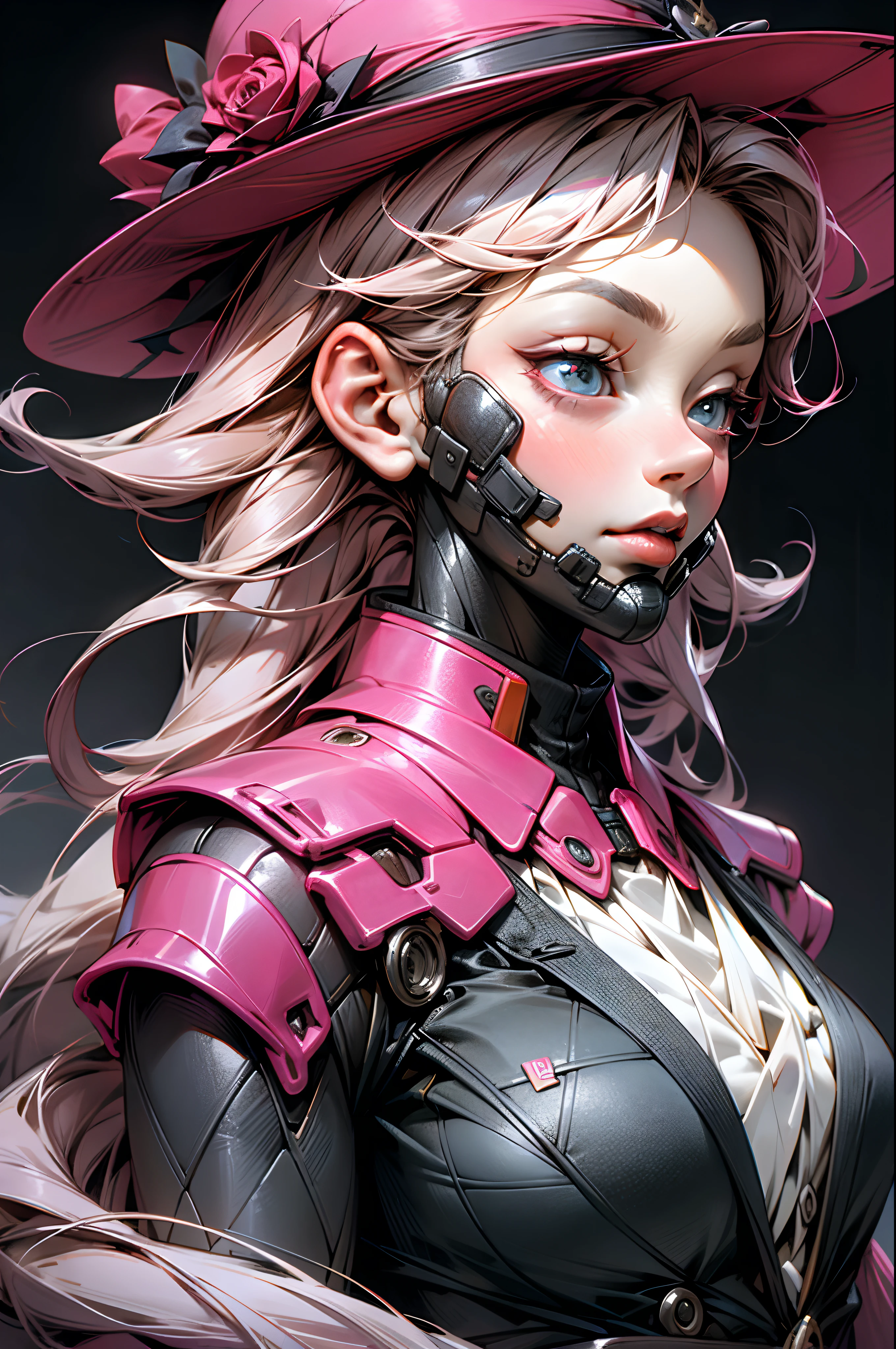 Dark background, cool vibrant colors, woman in suit, hat, elegant, broad shoulders, big breast, faceless, dark face, looking down, rose pink suit
