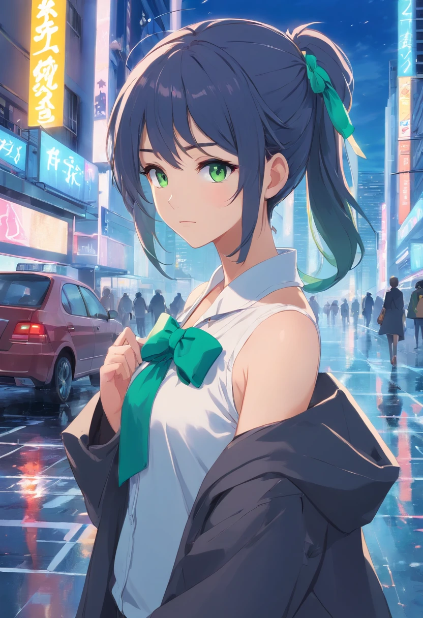 (Masterpiece, Best quality), Intricate details, 8K, art  stations, the wallpaper, offcial art, Splash Art, Sharp focus,, 1girll, long whitr hair, Single high ponytail, Green eyes, Deep blue hair, ,  ruit, Ice cube background,Ice crystals,  , skyscrapper, City, Buildings, The Car, street,white offshoulder shirt，Dark coat，Bow knot
