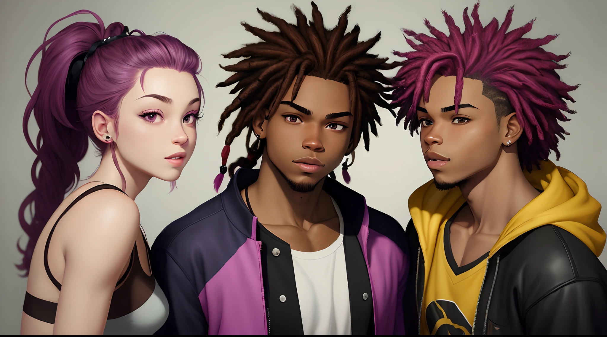 Boondocks art brown-skinned male, magenta-colored-eyed, dark magenta-haired with dreadlocks in a ponytail,