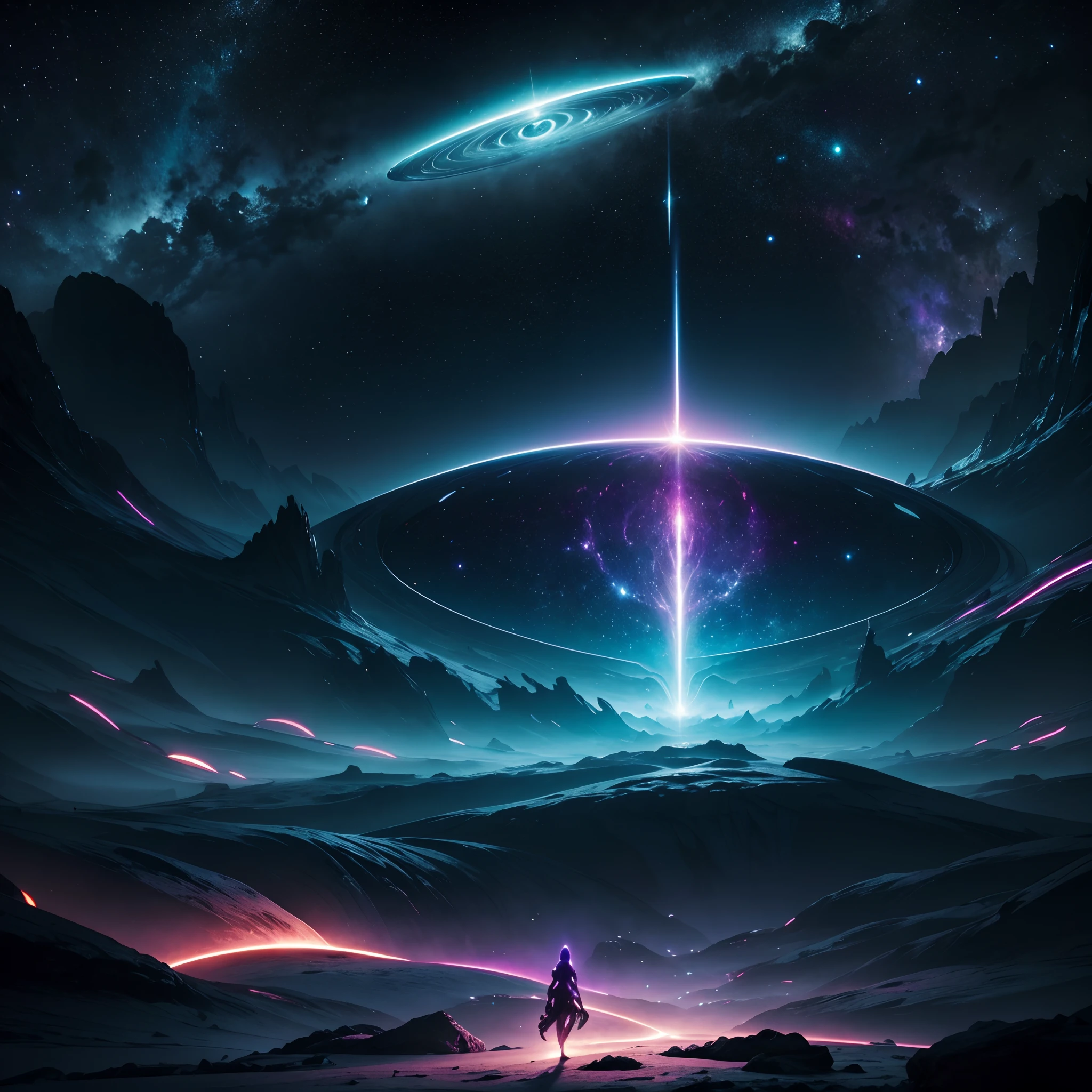 unveils a surreal, interstellar vista. It showcases an otherworldly realm with ethereal structures that seem to blend seamlessly with the cosmic backdrop. Radiant, iridescent hues dance across the landscape, giving the impression of an alien oasis. In the foreground, a mesmerizing whirlwind of color and light takes the form of an intricate, abstract pattern. The entire scene is bathed in an ambient, otherworldly glow that seems to transcend earthly boundaries, beckoning the audience into an atmospheric and immersive journey of sound.