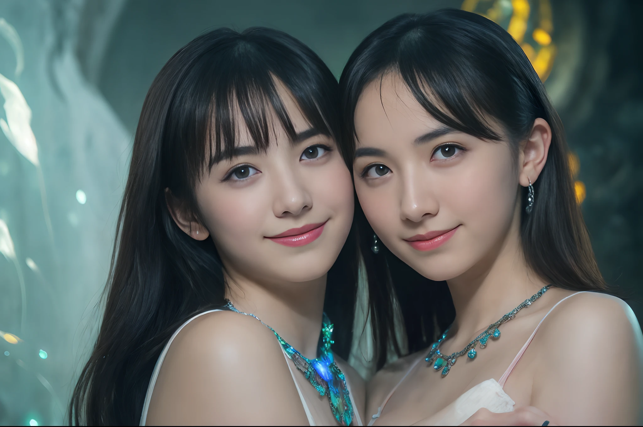 (Two beautiful teenage italian girls:1.6), Close friends, (They are hugging each other:1.2), Kiss her cheek or chest,(Detailed iridescent bodysuit with beautiful fractal or marble design:1.5)Incredible and spectacular scenes, ((High quality)), ((Detailed)), ((Fantasy)), Blue Plasma Brain, Green Plasma Body, Vulgarity, beutiful breast,  obscenity, (Lewd smile:1.2), coarse, Obscene, mean, (raunchy:1.2), (Immoral:1.2), Lachish, (small breasts with beautiful raised pink areolas:1.5), (Cameltoe), (Expression of ecstasy:1.2), Photorealistic, Official art, unity 8k wall paper, 8K Portrait, Best Quality, Very high resolution, (Incredibly beautiful nature background:1.6), (18 years old:1.5), (Sexy and glamorous:1.1), (A coquettish expression:1.6), (seductively smiling:1.6), (Full body), (erotic posing:1.5), Beautiful seductive face, Portrait, (Thick eyebrows:1.5), (large scarlet eyes:1.2), Beautiful eyes with fine symmetry, (Ultra detailed iridescent eyes:1.4), (High resolution blue eyes:1.1), Intimate face, (ultra detailed skin texture:1.4), White skin, pale skin, Perfect Anatomy, Thin, (Beautiful toned body:1.3), Hair Bow, (Moist skin:1.1), full of sweat, No makeup, dark circles, Good anatomy, Focus Face, good-looking, (Emilia Clark:0.6) (Emma watson:0.3),(Jennifer Connelly:0.4), (sensual face:1.5), Elegant face, Nice, Dolce,  (Around her neck is a simple necklace of exquisite workmanship), (Bioluminescence with brilliant brilliance:1.3), (Luminous magic circle), Ruins of an ancient castle, Shining majestic cloud masses and sky, lightning bolt, Epic Realistic, (Greg Rutkowski:0.8), (teal and orange:0.4), (Art Station:1.5), Cinematic, (nffsw:1.5),  Hyper Detailed, Dramatic light, (Intricate details:1.1),