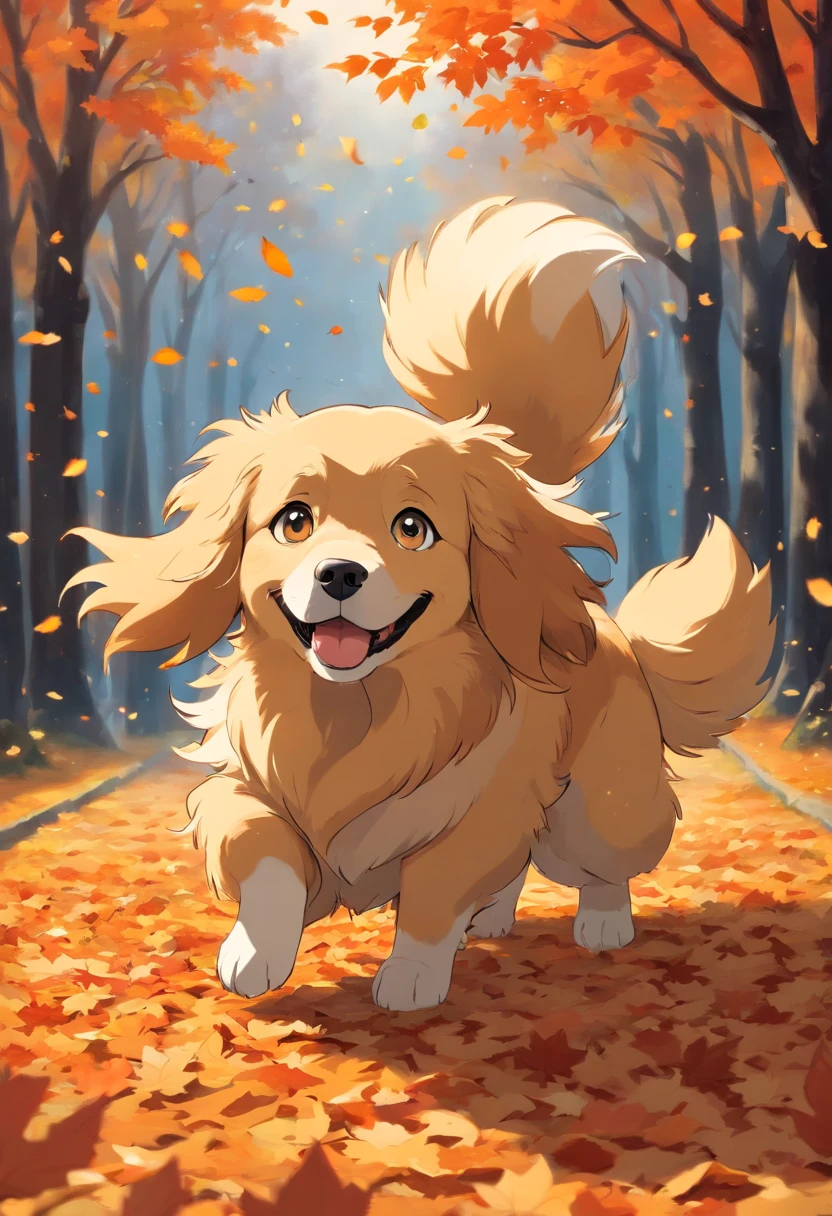 (best quality,highres),golden retriever in Halloween costume,elegant fur texture,vibrant orange and black color scheme,funny and creative disguise,beautiful detailed eyes,playful expression,adorable wagging tail,captivating fall background,autumn leaves falling,harmonious lighting,perfectly captured moment