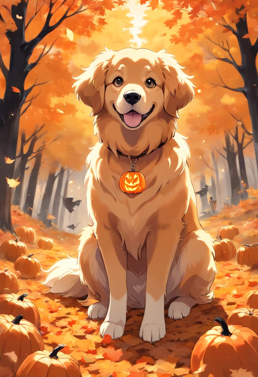 (best quality,highres),golden retriever in Halloween costume,elegant fur texture,vibrant orange and black color scheme,funny and creative disguise,beautiful detailed eyes,playful expression,adorable wagging tail,captivating fall background,autumn leaves falling,harmonious lighting,perfectly captured moment