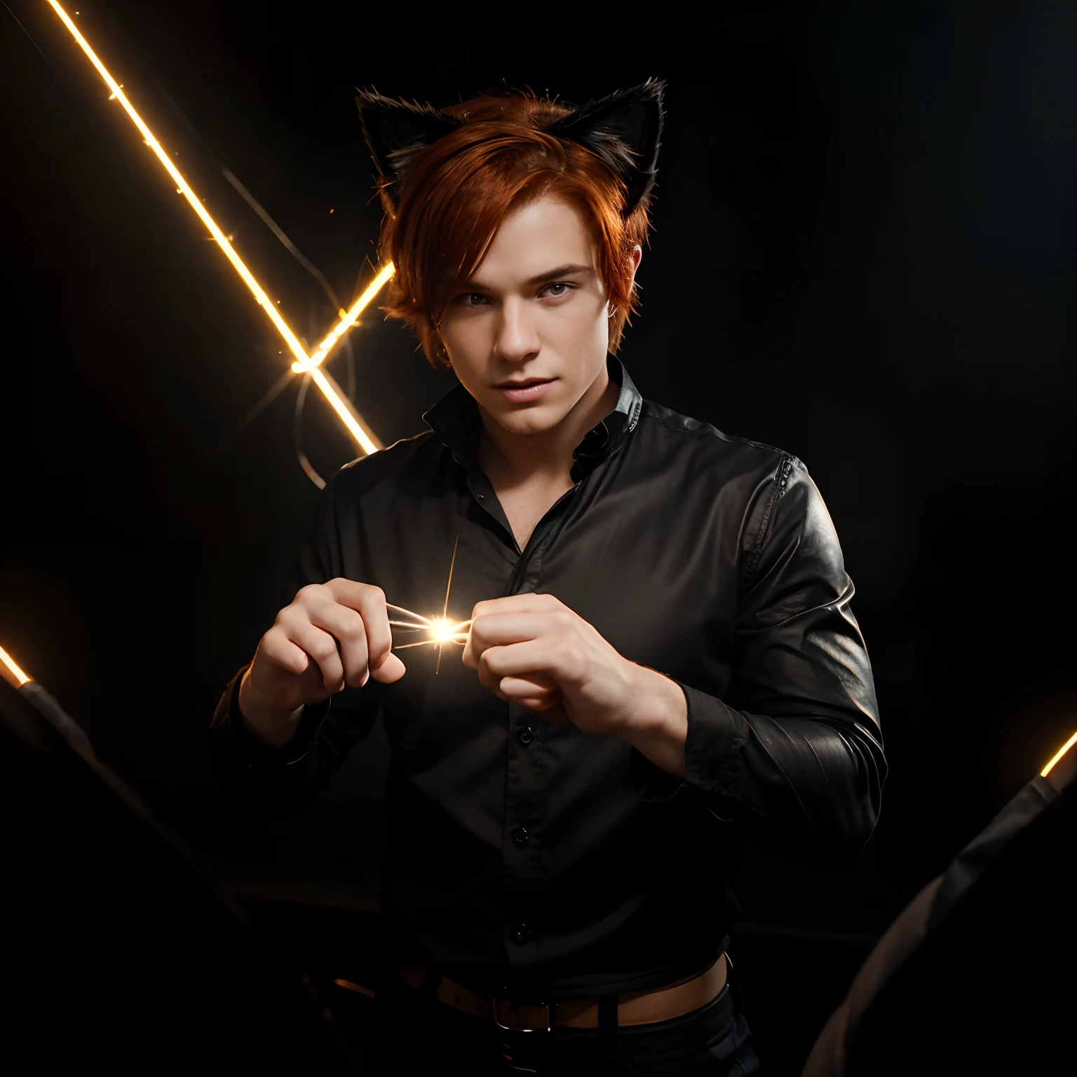Handsome young man with fiery red hair, and cat ears, waist up portrait, Lights are dancing in the eyes, Sparks fly from your fingertips, Black clothes, on a black background, in the photo studio, Backlighting