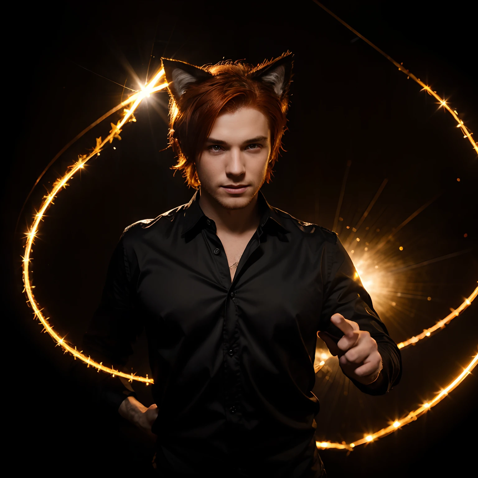 Handsome young man with fiery red hair, and cat ears, waist up portrait, Lights are dancing in the eyes, Sparks fly from your fingertips, Black clothes, on a black background, in the photo studio, Backlighting