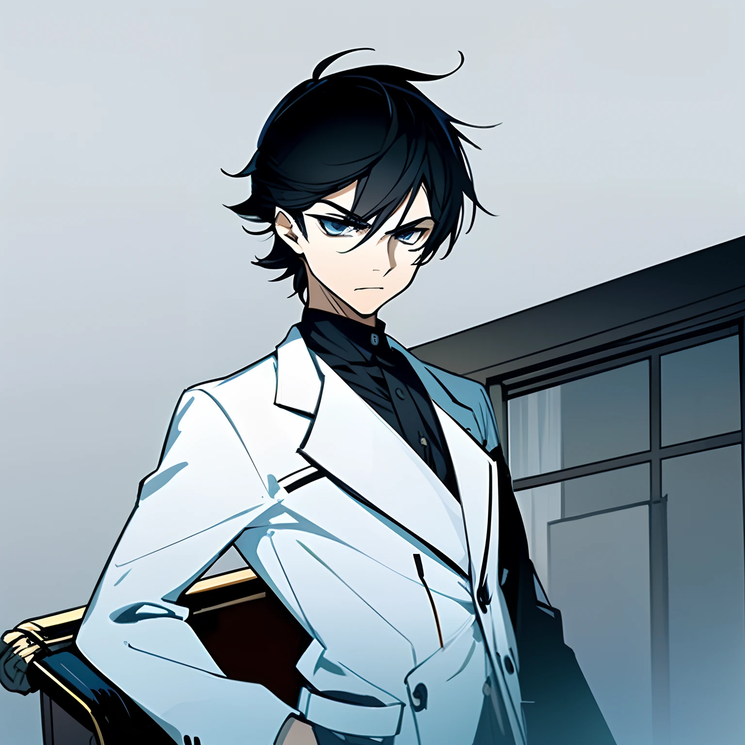 Older age Male with black hair, wearing white suit, wearing monocle, Dr Jekyll inspired, serious