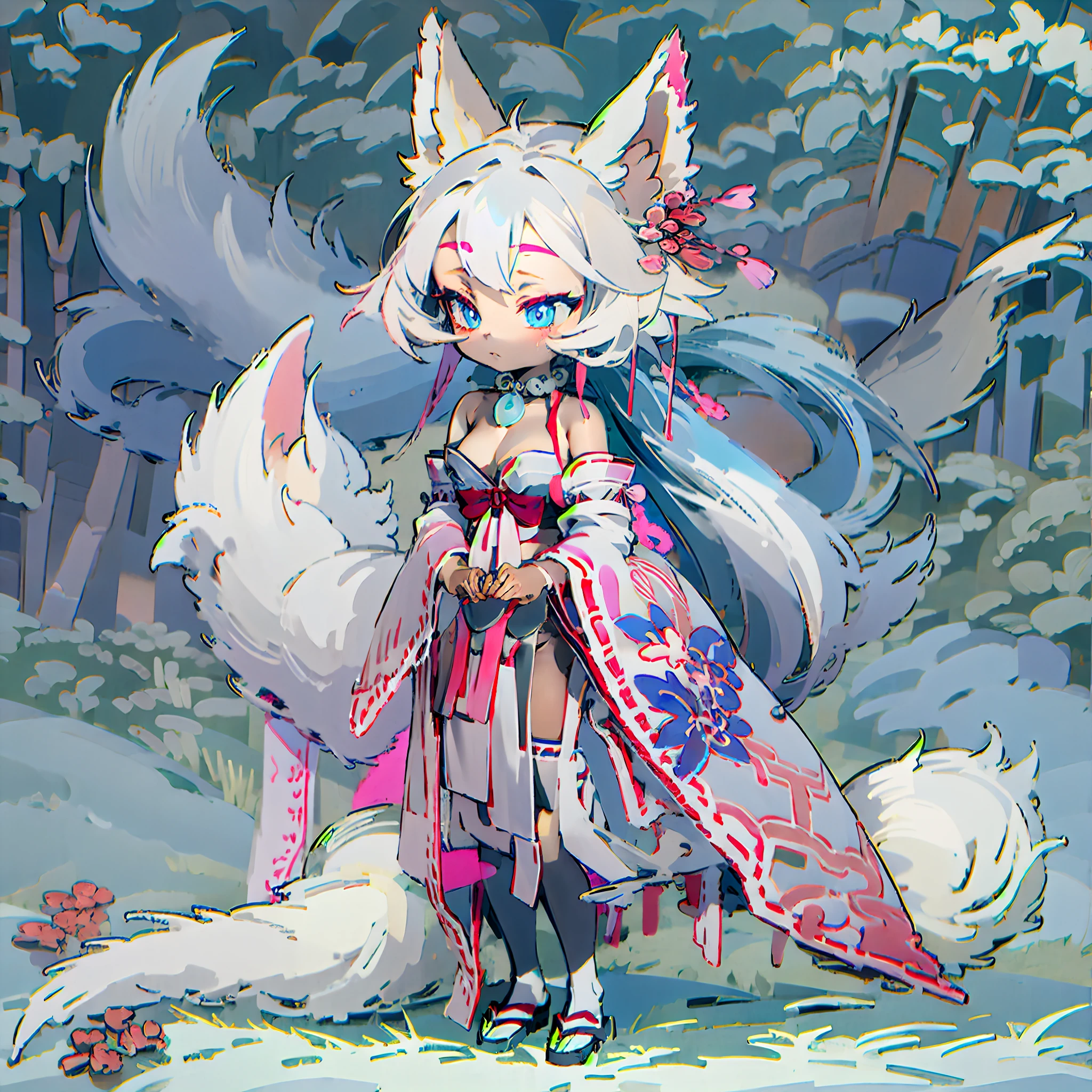 foxdress，bare shoulders，animal ears，Taoist clothes，Big sister，Full body standing painting，Pink waist-length hair，Dark blue eyes，Pink fox tail，A pair of hands，Two legs，Bell pendant，folding fan，There is a big powder blue fox behind it