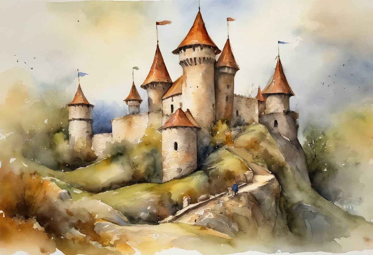 In the style of medieval oil painting,Medieval archers,English longbowmen,Longbowmen,Medieval army,a medieval castle,Western European feudalism,The flag,archers,Robin hood,archer