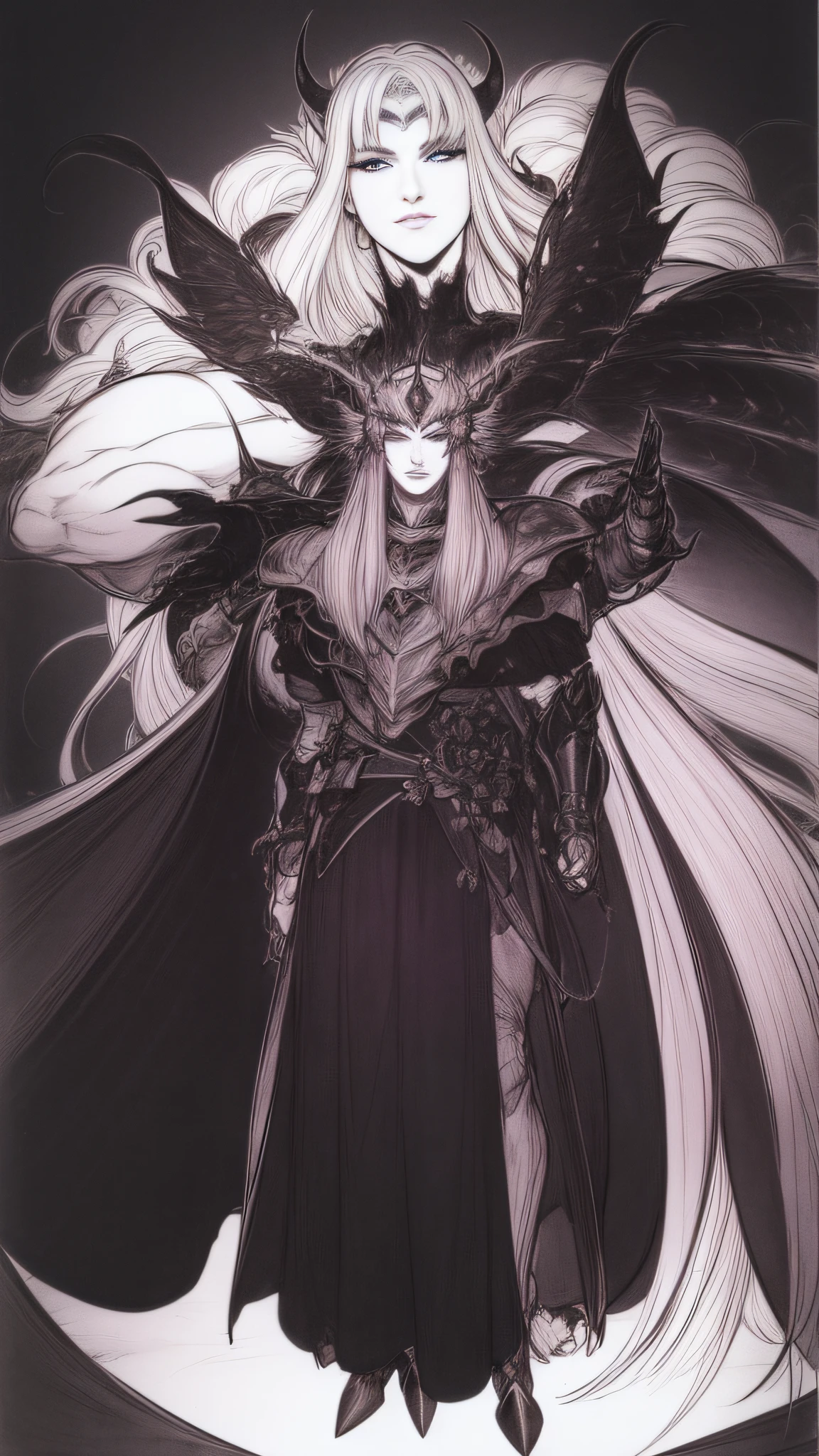 Rough sketch(((Black Knight)))、White background、、line-drawing、pale color、、Fantastical、coarser line、Painterly、Lively poses、Crow's feathers、Delicate touch、fine lines、white of the eye、Clenching teeth、wriggling the body、fullface、black horns、Black Armor、silhuette、Black and purple gradient、 (Dark dim dramatic atmosphere)+ 8k portrait of a girl with super long aurora hair