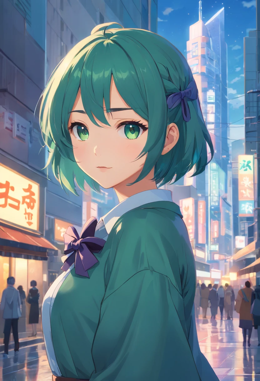 (Masterpiece, Best quality), Intricate details, 8K, art  stations, the wallpaper, offcial art, Splash Art, Sharp focus,, 1girll, short detailed hair, Dark green eyes, Deep blue hair, ,  ruit, Ice cube background,Ice crystals,  , skyscrapper, City, Buildings, The Car, street,white offshoulder shirt，Dark coat，Bow knot，puffy sleeves，hair pin