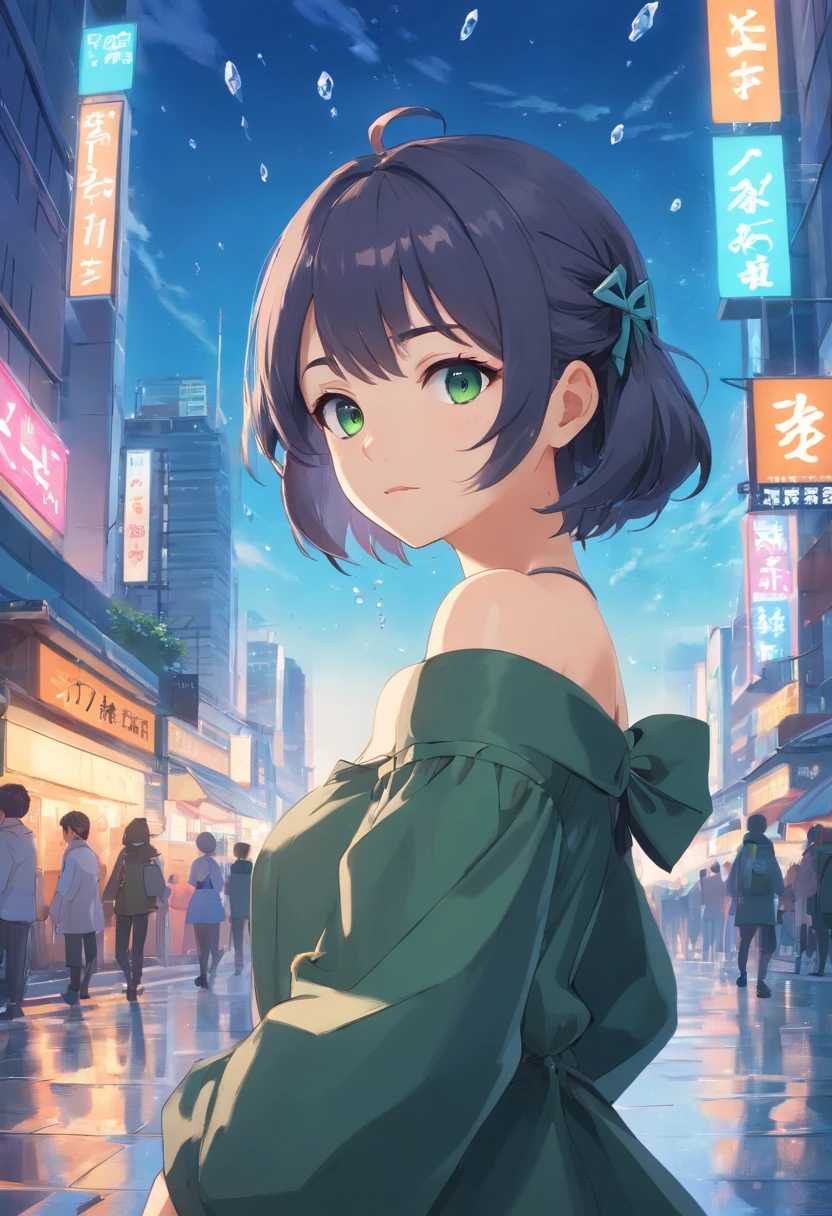 (Masterpiece, Best quality), Intricate details, 8K, art stations, the wallpaper, offcial art, Splash Art, Sharp focus,, 1girll, short detailed hair, Dark green eyes, Deep blue hair, , ruit, Ice cube background,Ice crystals, , skyscrapper, City, Buildings, The Car, street,white offshoulder shirt,Dark coat,Bow knot,puffy sleeves,hair pin
