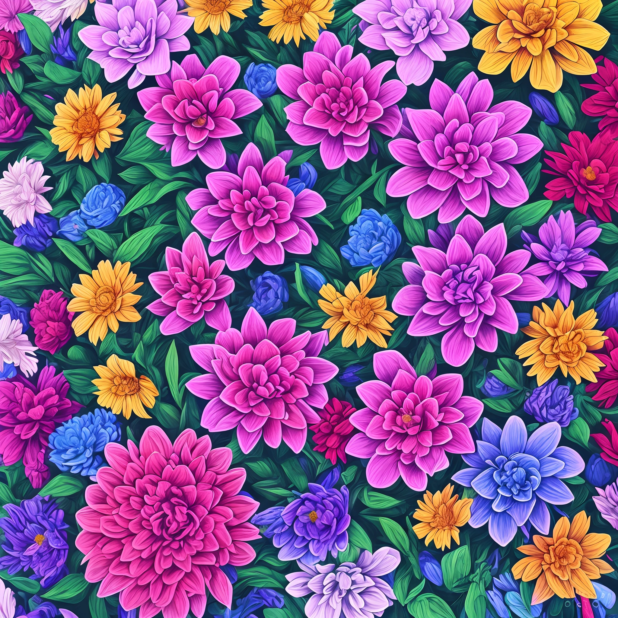 Colorful diversity of flowers create a round elegant digital painting detailed artwork