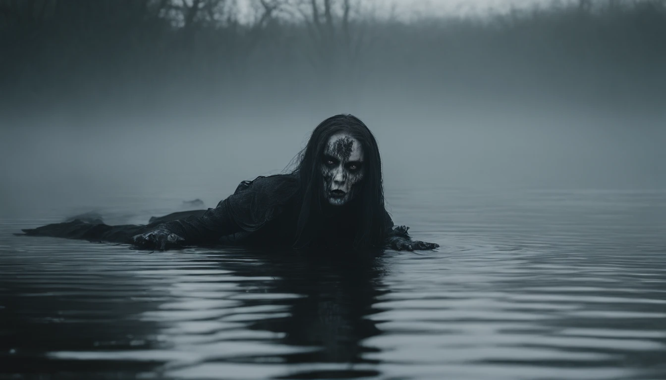 pale demon woman crawling out the water in a foggy marsh, horror movie, cinematic look, creepy aesthetic, ultra detailed, photorealistic, masterpiece.