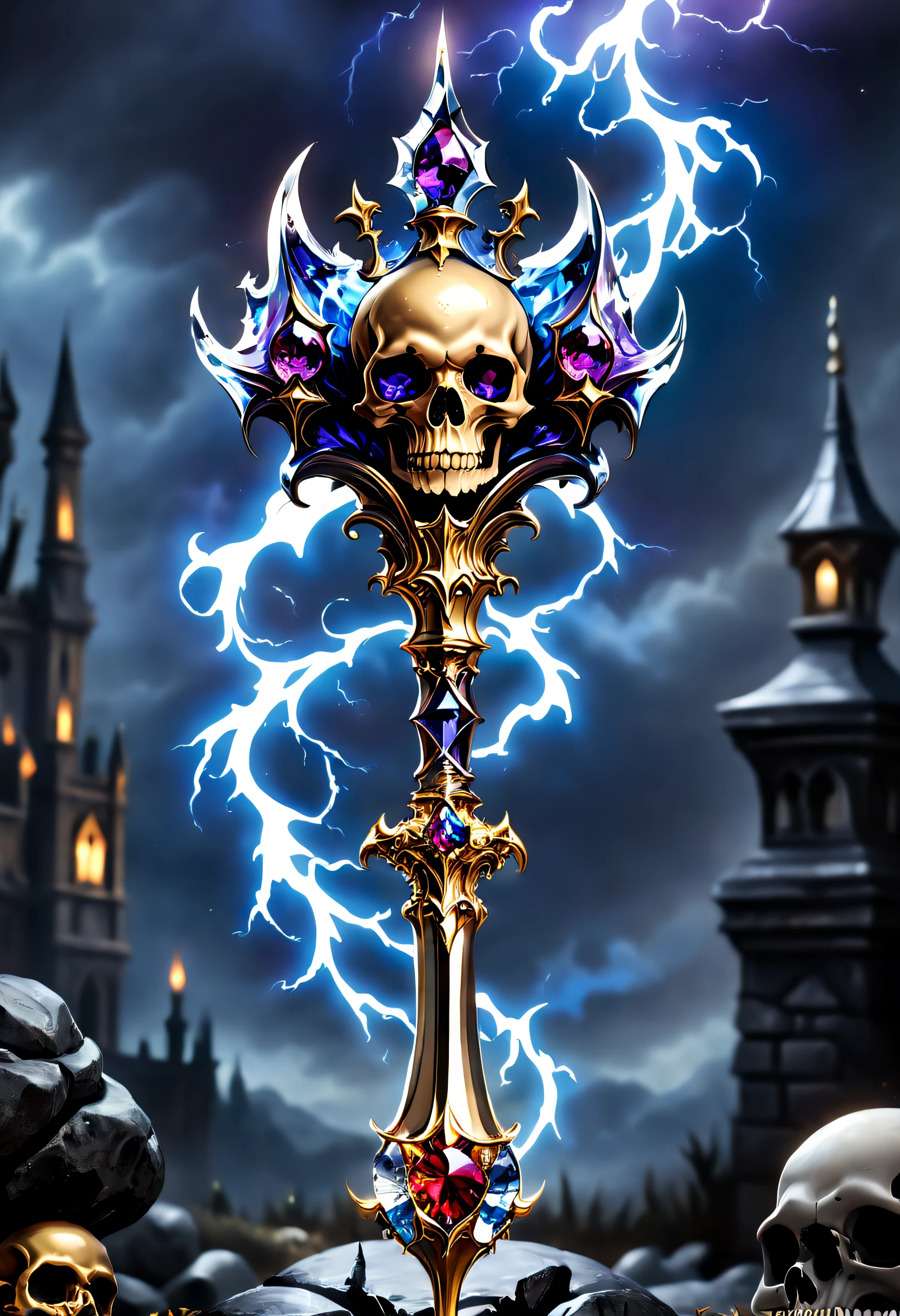 (8K, 16k, Award-winning, Highest quality, Highest resolution, Super detail, High detail, Anatomically correct, Masterpiece, Stunning beauty), Legendary scepter,The scepter has a skull at the top,Scepter made of crystal and white gold,delicate craftsmanship , Rare and precious, Intricate details,Golden flame,Purple magic,blue lightning,Magical ice world background,(gothic art style:1.5)