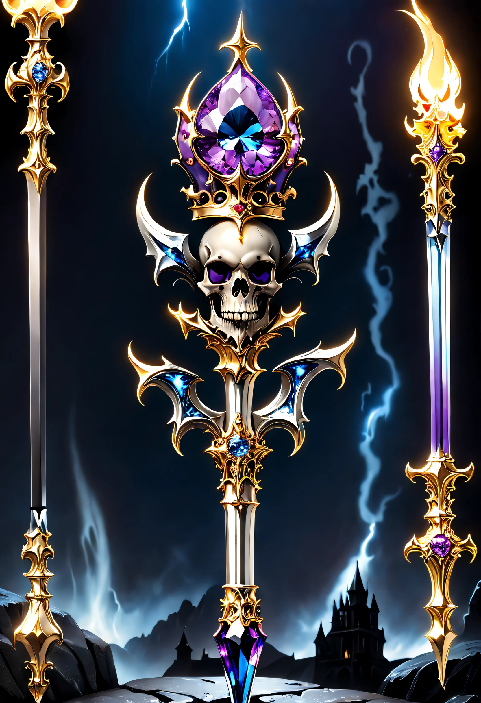 (8K, 16k, Award-winning, Highest quality, Highest resolution, Super detail, High detail, Anatomically correct, Masterpiece, Stunning beauty), Legendary scepter,The scepter has a skull at the top,Scepter made of crystal and white gold,delicate craftsmanship , Rare and precious, Intricate details,Golden flame,Purple magic,blue lightning,Magical ice world background,(gothic art style:1.5)