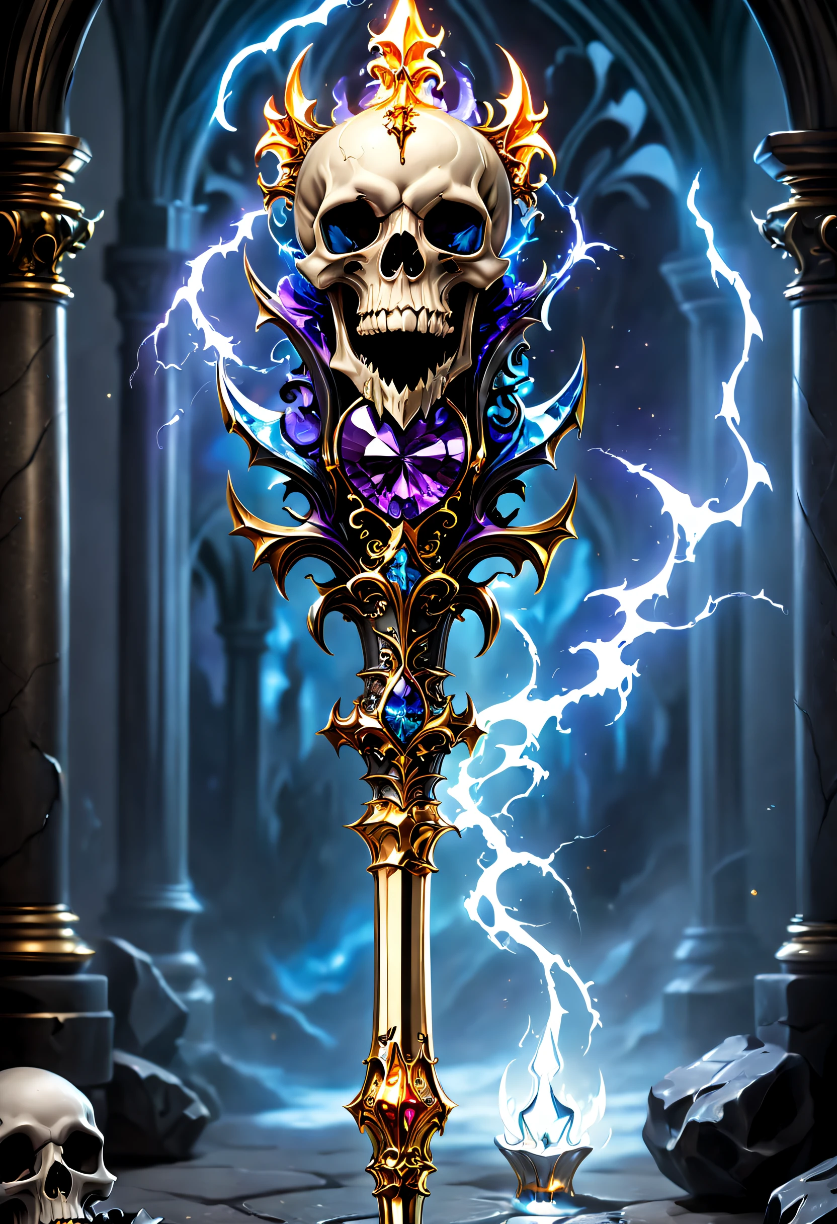 (8K, 16k, Award-winning, Highest quality, Highest resolution, Super detail, High detail, Anatomically correct, Masterpiece, Stunning beauty), Legendary scepter,The scepter has a skull at the top,Scepter made of crystal and white gold,delicate craftsmanship , Rare and precious, Intricate details,Golden flame,Purple magic,blue lightning,Magical ice world background,(gothic art style:1.5)