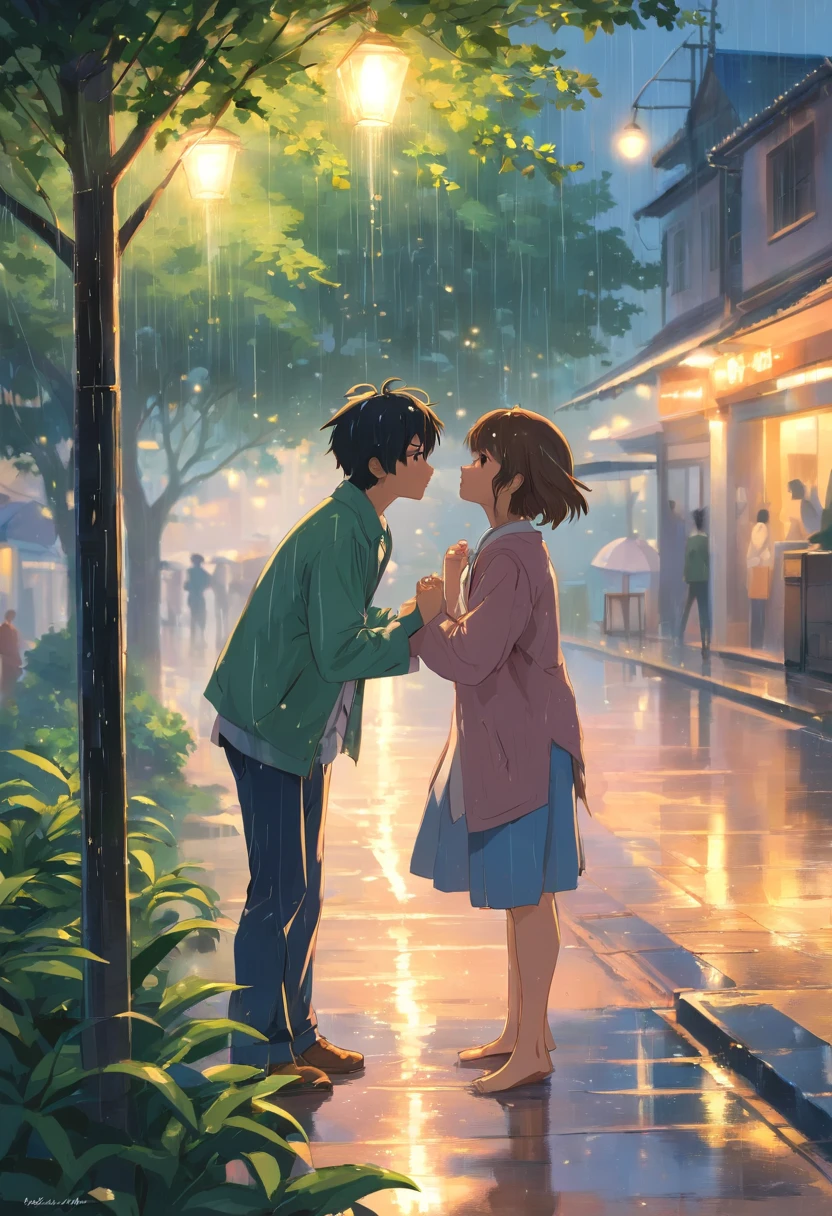 Certainly, to make the prompt more creative and emotional for generating an image of a boy and a girl kissing under a tree in a slow evening rain:

"Create a mesmerizing masterpiece of love and emotion that transcends reality. Imagine a young couple beneath the branches of a time-worn oak tree, enveloped in the delicate caress of a gentle evening rain. The raindrops should be like liquid pearls, reflecting the last light of a setting sun.

This moment should feel like it's from a dream. As the boy and girl lean in for a kiss, the raindrops should swirl around them, almost like an ethereal dance. Their connection should be palpable, with hands drawn together, fingers touching as their clothing becomes drenched. The tree itself should appear as if it's participating in this dance, its branches curving protectively around them.

The emotional intensity of this scene should be felt in every detail, from the soft sound of rain on leaves to the scent of earth, heightening the viewer's immersion. This image should be an otherworldly portrayal of a love so deep, it's almost magical, creating a sense of wonder and evoking powerful emotions in all who gaze upon it."