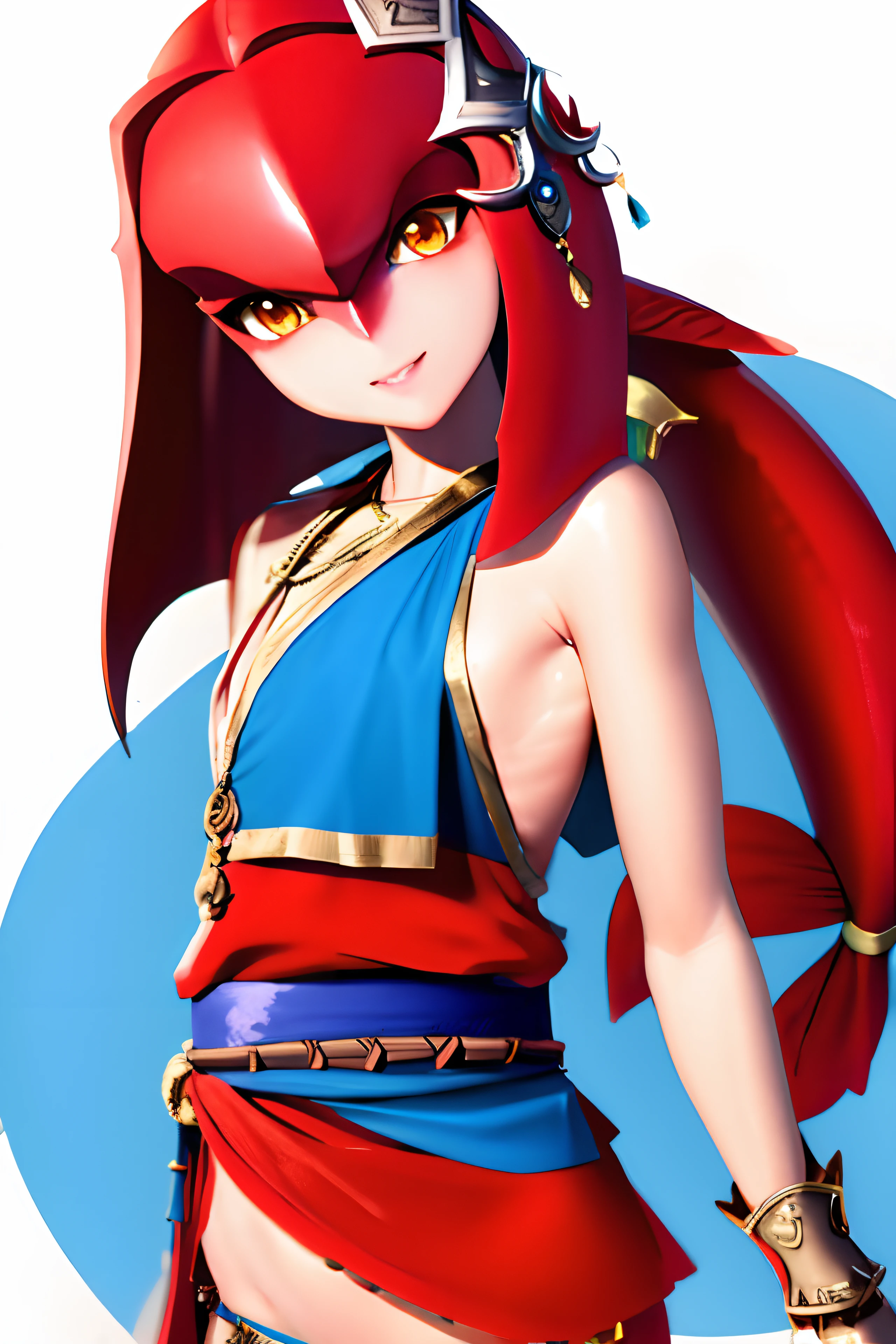 mipha \(zelda\) nsfw, blue sash, happy, flat chibi