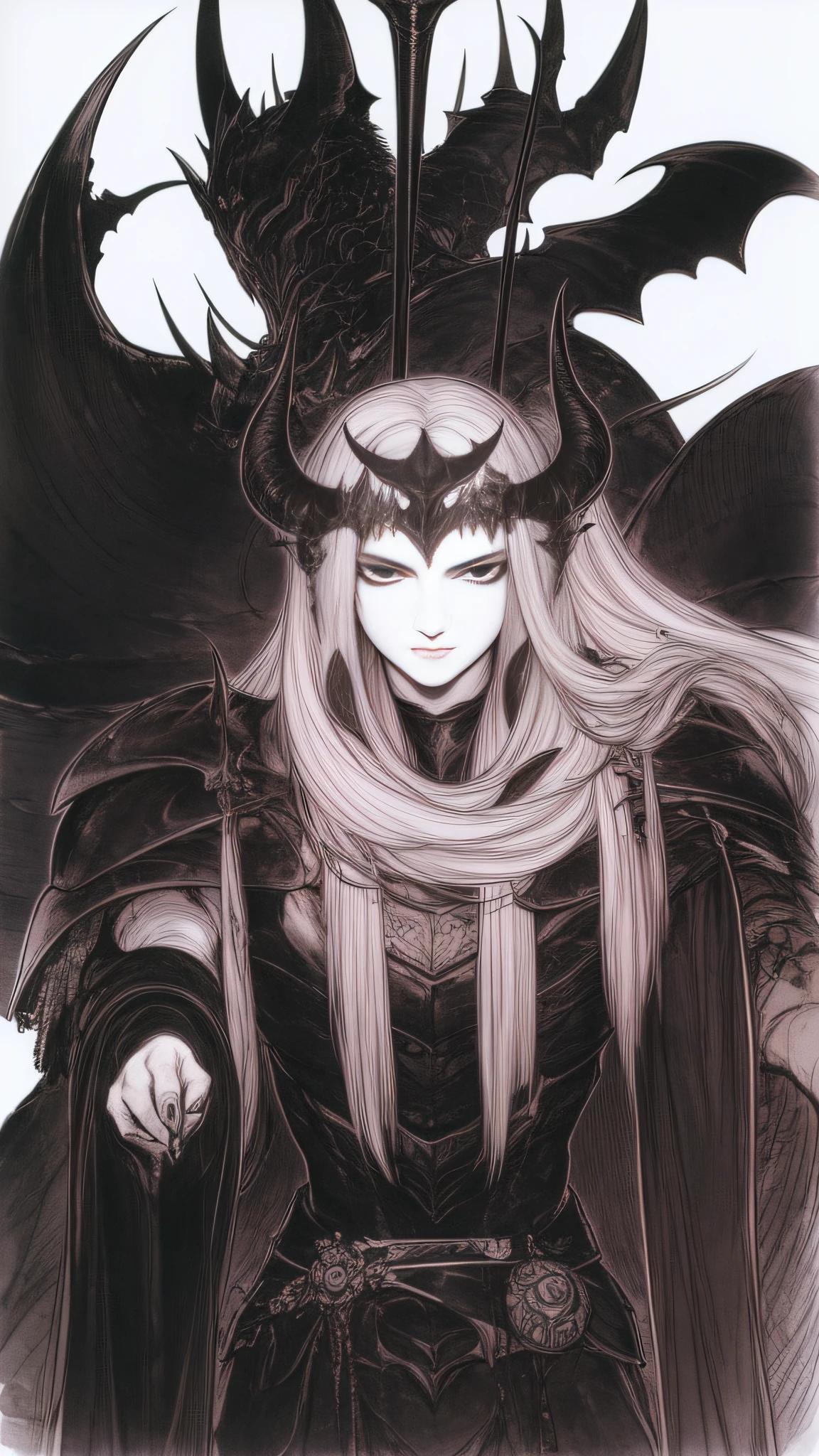 Rough sketch(((Black Knight)))、White background、、line-drawing、pale color、、Fantastical、coarser line、Painterly、Lively poses、Crow's feathers、Delicate touch、fine lines、white of the eye、Clenching teeth、wriggling the body、fullface、black horns、Black Armor、silhuette、Black and purple gradient、 (Dark dim dramatic atmosphere)+ 8k portrait of a girl with super long aurora hair