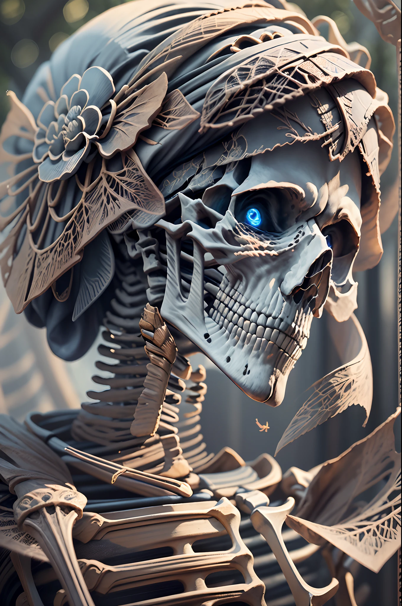 Masterpiece, Best quality, Highly detailed, absurderes, prefect face, (((closeup portrait))), (Macro lens)，Skeleton warriors and horse legions，Skeleton，(Detailed light) , Leaves, Nature, (Sunlight), (forest)，bone, the ribs, Rose, Blue glowing eyes, ，((Monet style)), ((futurism))