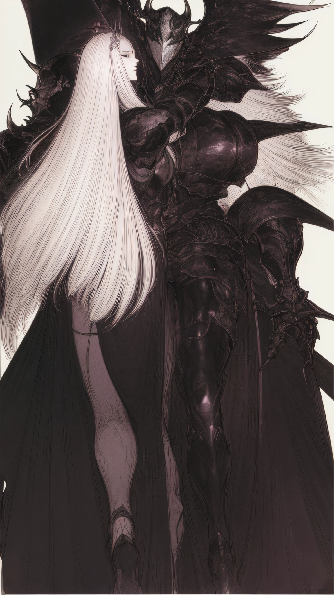 Rough sketch(((Black Knight)))、White background、、line-drawing、pale color、、Fantastical、coarser line、Painterly、Lively poses、Crow's feathers、Delicate touch、fine lines、white of the eye、Clenching teeth、wriggling the body、fullface、black horns、Black Armor、silhuette、Black and purple gradient、 (Dark dim dramatic atmosphere)+ 8k portrait of a girl with super long aurora hair