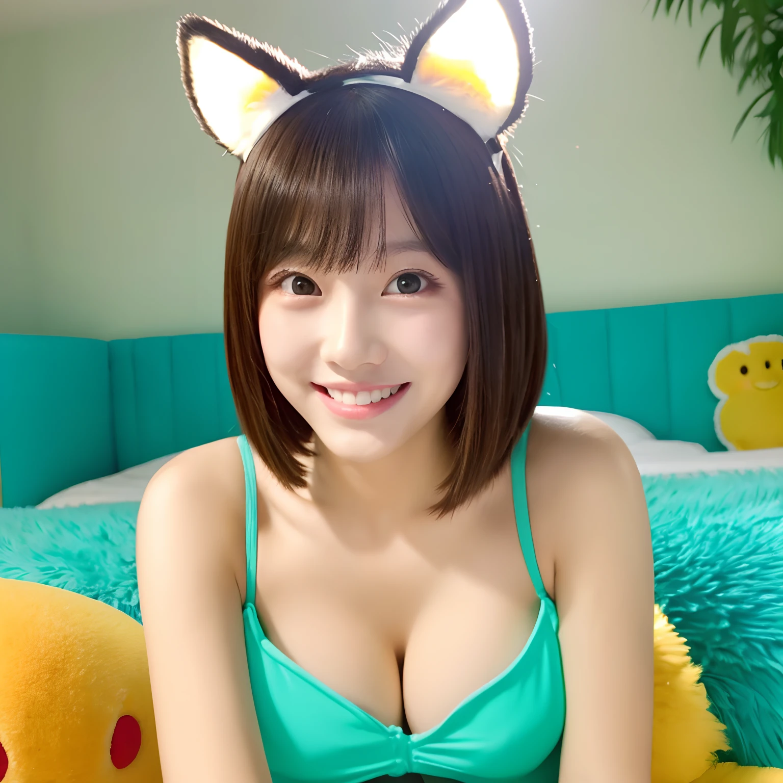 Animal ears、brightly lit room、A smile、Viewer's Perspective、Best Quality、Beautiful skin、girl with、25-years old、Bust full of flutter、Fur bikini、SEX