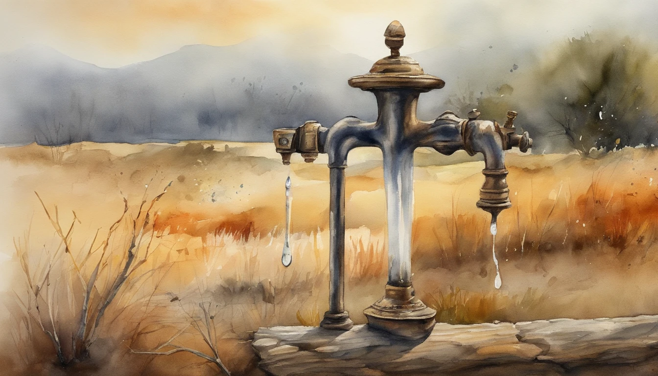 The water tap dripped its last water, the surrounding environment looked dry and barren