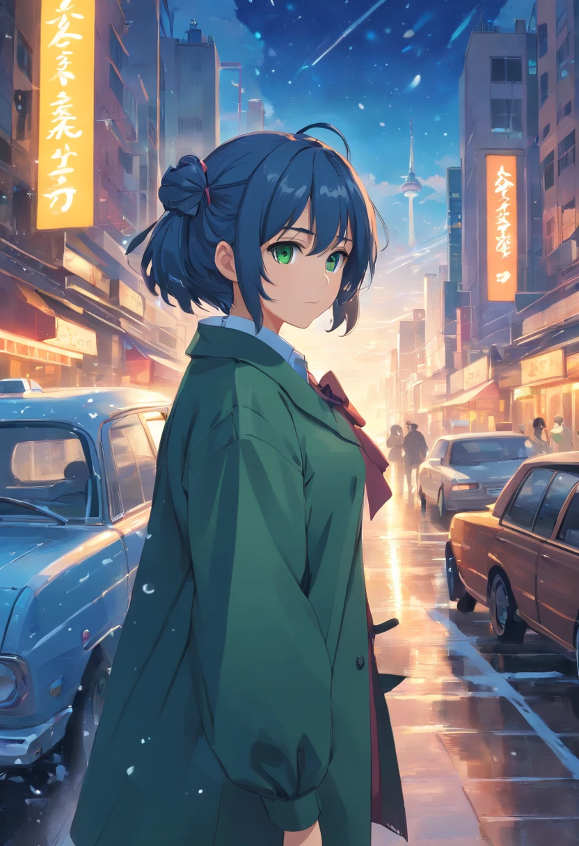 (Masterpiece, Best quality), Intricate details, 8K, art stations, the wallpaper, offcial art, Splash Art, Sharp focus,, 1girll, Dark green eyes, Deep blue hair, , ruit, Ice cube background,Ice crystals, , skyscrapper, City, Buildings, The Car, street,white offshoulder shirt,Dark coat,Bow knot,Puffy sleeves,hair pin