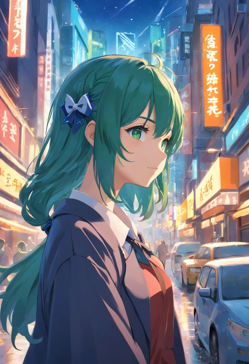 (Masterpiece, Best quality), Intricate details, 8K, art  stations, the wallpaper, offcial art, Splash Art, Sharp focus,, 1girll, Dark green eyes, Deep blue hair, ,  ruit, Ice cube background,Ice crystals,  , skyscrapper, City, Buildings, The Car, street,white offshoulder shirt，Dark coat，Bow knot，Puffy sleeves，hair pin