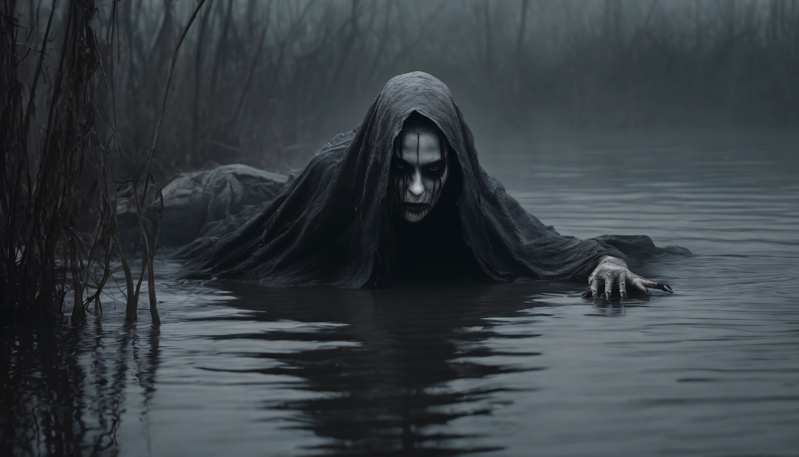 pale demon woman crawling out the water in a foggy marsh, horror movie, cinematic look, creepy aesthetic, ultra detailed, photorealistic, masterpiece.