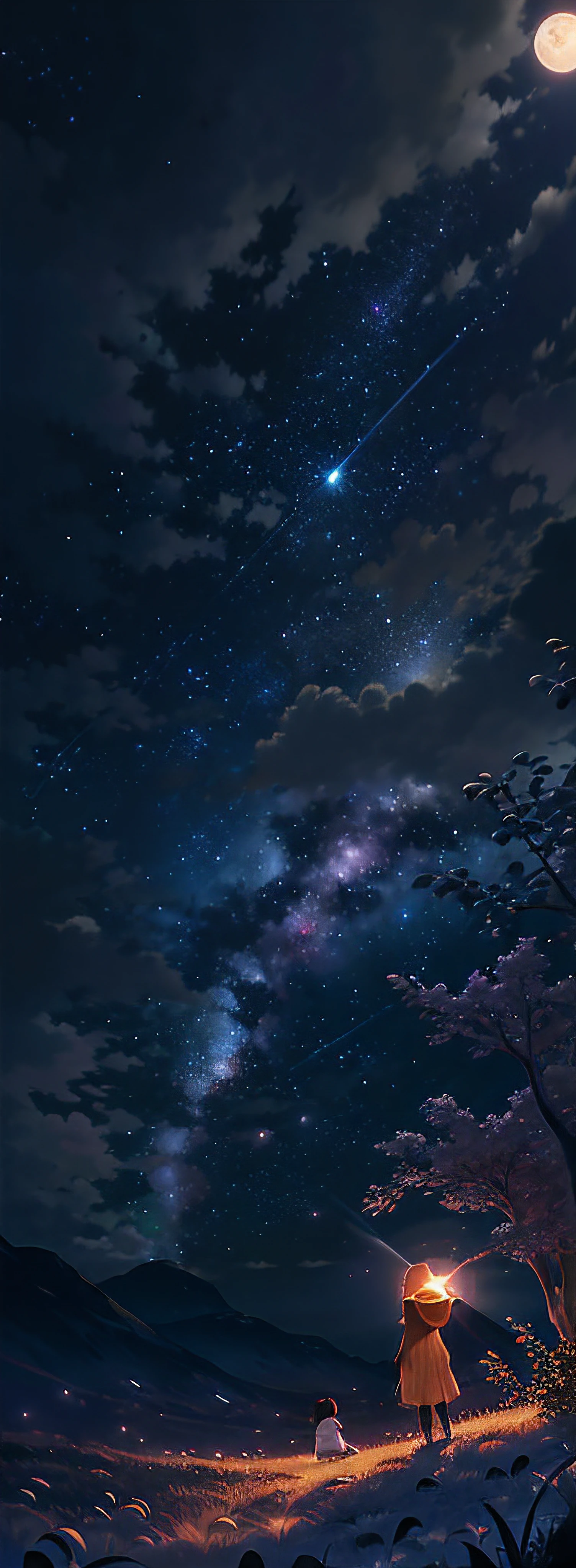 starry night with a couple of people sitting under a tree, night sky full of flowers, calm night. digital illustration, night sky; 8k, moonlit starry sky environment, starry sky 8 k, night under the starry sky, endless cosmos in the background, night background, beautiful night sky, cosmic skies. by makoto shinkai, starry sky, anime background