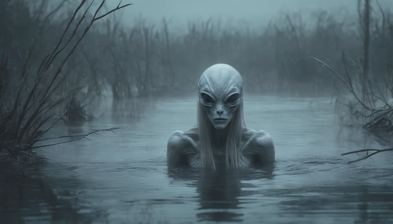 pale demon woman crawling out the water in a foggy marsh, horror movie, cinematic look, creepy aesthetic, ultra detailed, photorealistic, masterpiece.