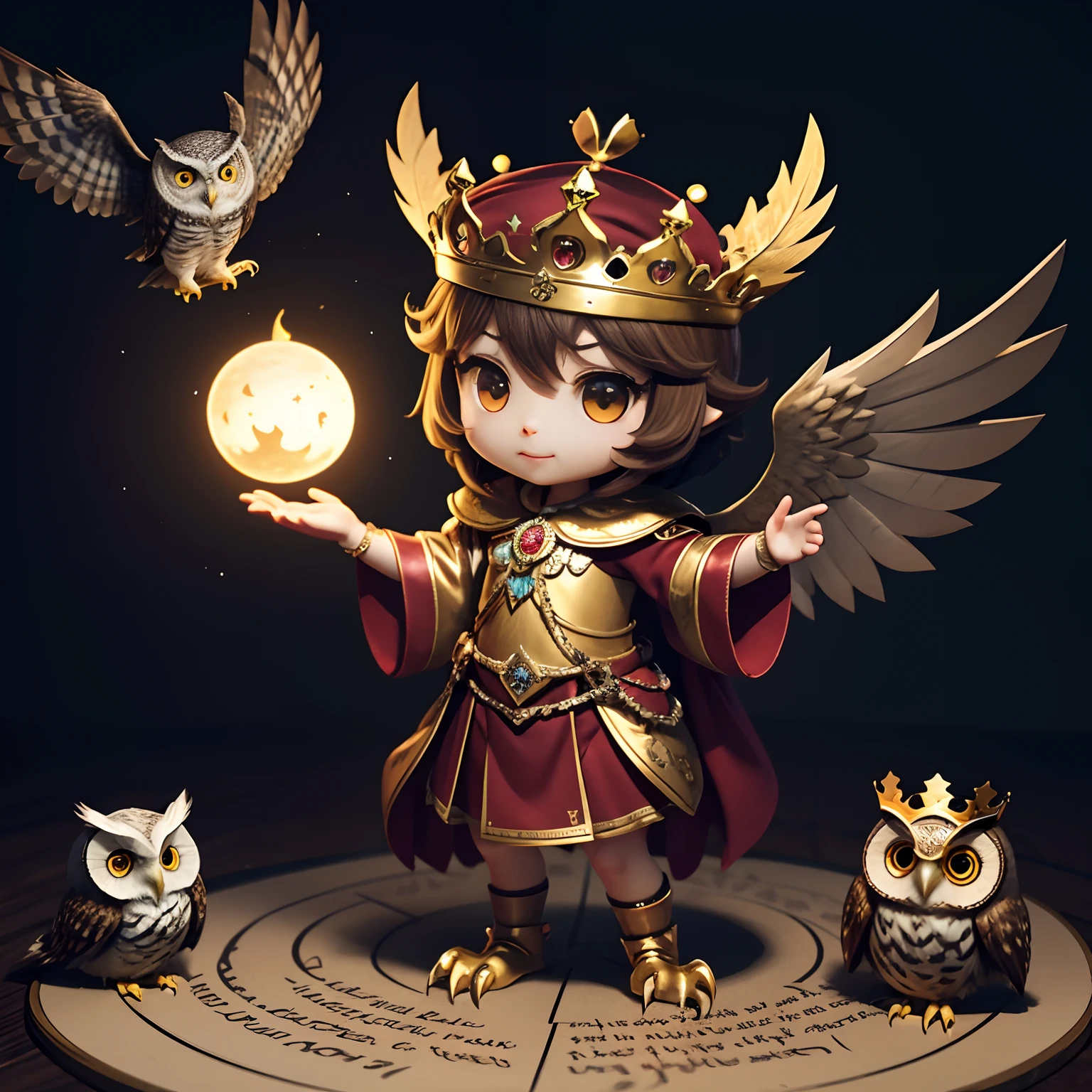 an owl puts crown on head, spread wing, cute, chibi, 3D model, Stolas, Infernal Dictionary, at night, 8K, masterpiece, top quality, flat design, minimal art