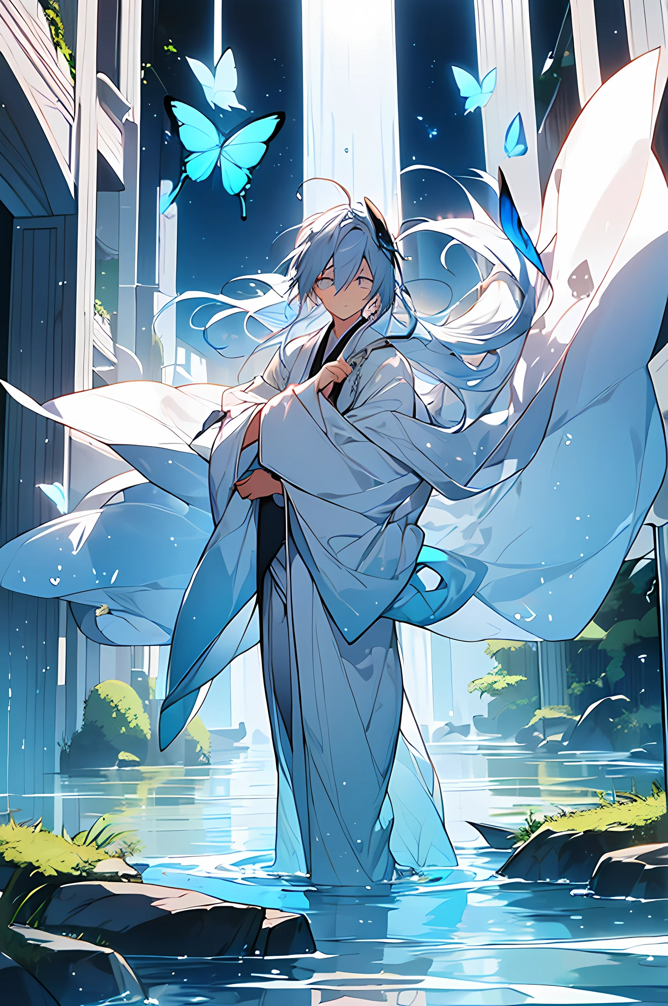 Anime boy with lantern in water with butterfly, an anime drawing by Yang J, pixiv contest winner, conceptual art, flowing hair and long robes, Flowing white robe, flowing magical robe, wearing a long flowing robe, Flowing robes, wearing a long flowing robe, White Hanfu, heise jinyao, ethereal anime, Flowing white robe, floating robes