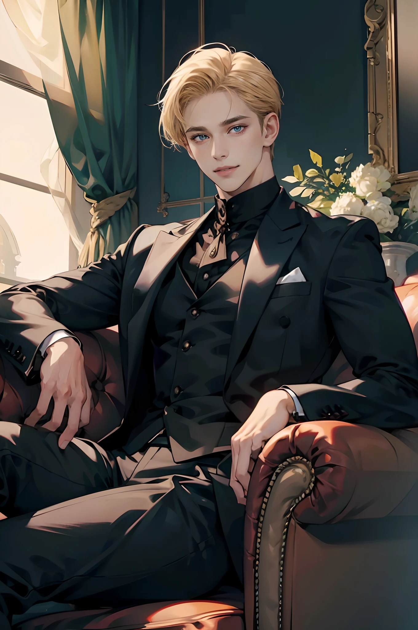 (tmasterpiece, high resolution, ultra - detailed:1.0), 1boys, Perfect male body, Eyes look at the camera, (with short golden hair, Forehead , Black shirt, Black three-piece suit,Smile,Sit on the sofa), window,Portrait, color difference, Depth of field, dramatic shadow, Ray tracing, Best quality, Extremely detailed CG, 8K wallpaper,Male model