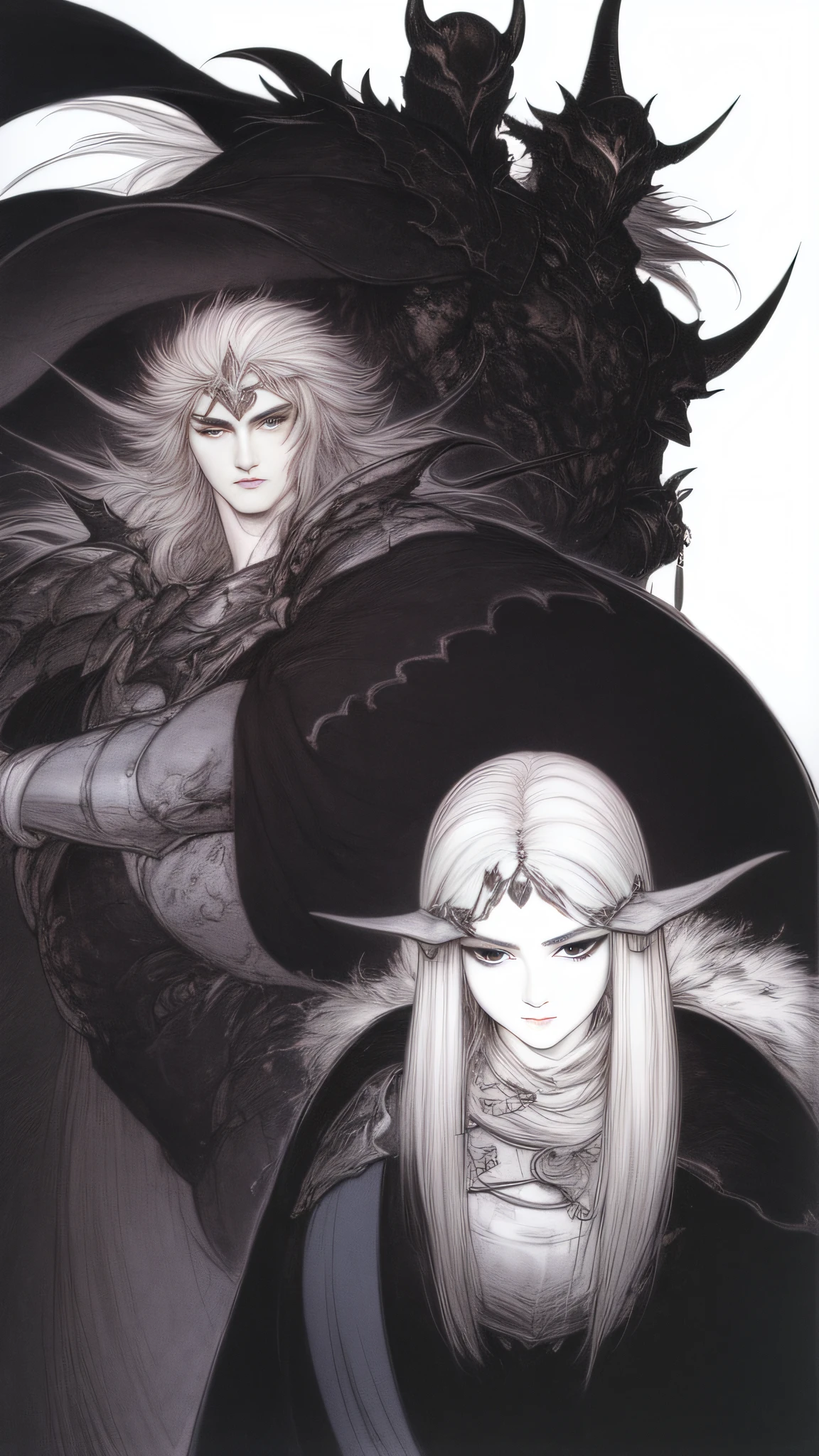 Rough sketch(((Black Knight)))、White background、、line-drawing、pale color、、Fantastical、coarser line、Painterly、Lively poses、Crow's feathers、Delicate touch、fine lines、white of the eye、Clenching teeth、wriggling the body、fullface、black horns、Black Armor、silhuette、Black and purple gradient、 (Dark dim dramatic atmosphere)+ 8k portrait of a girl with super long aurora hair