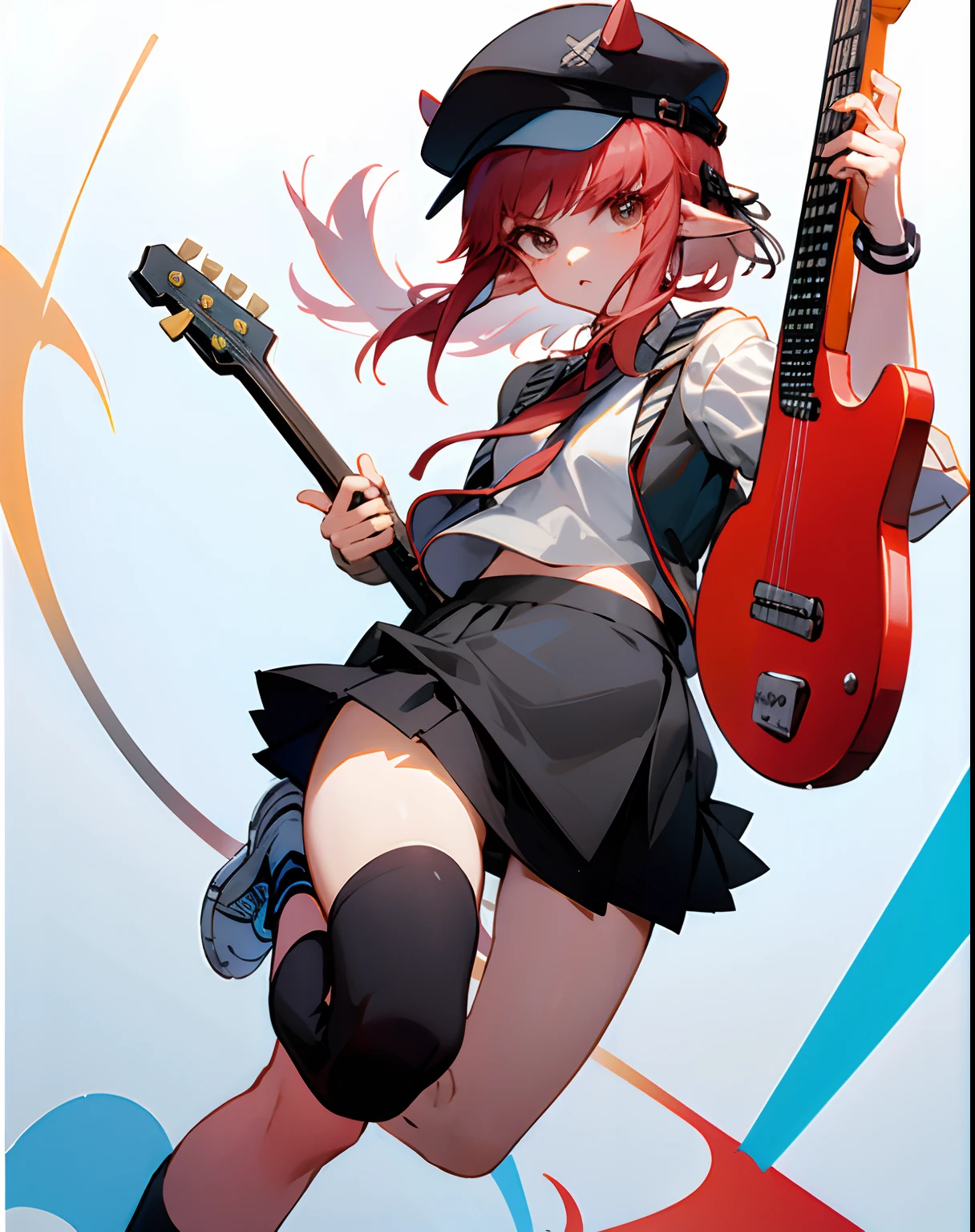 cropped shoulders，knee length socks，pleatedskirt，athletic sneakers，hoody，Stand up，With a hat on，electric guitar