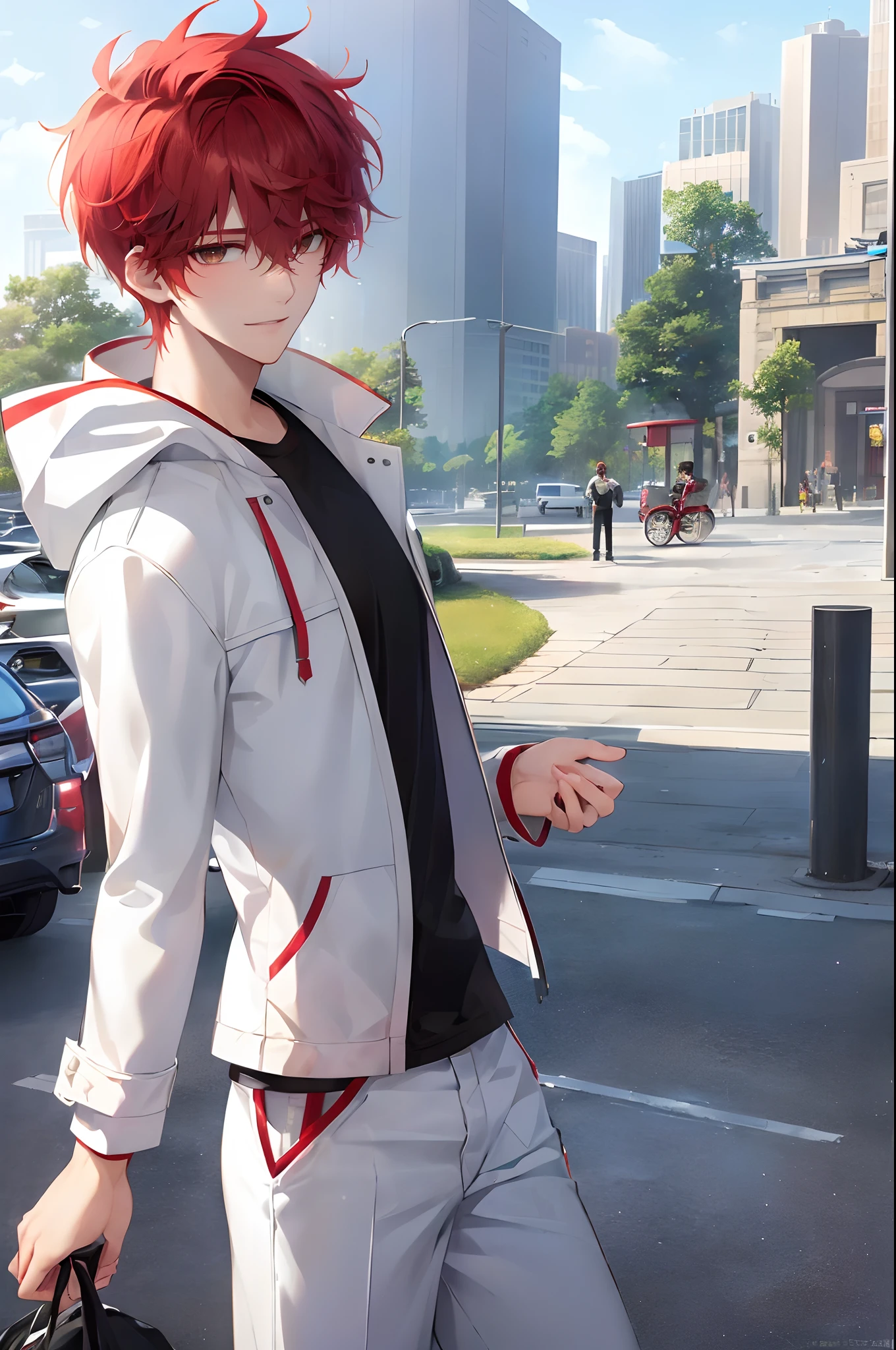 (4K works))、​masterpiece、(top-quality)、((Evening city))、((In front of the main gate of the workplace))、((In front of the main gate of the building))、View of the sunset、Korean Male、Adult male、((Adult male 26 years old))、((Face similar to Hyun Jin))、Cool Men、tall、((Gentle smile))、((Strong eyes))、((Wearing a black T-shirt and a white hooded jacket、Wearing long white pants))、((smaller face))、Slim body、((hooligan))、((rather short hair of bright red color,))、((rather short hairstyle above the ears,))、((Fairly short two-bromash hair))、((Black eyes))、((shot from front))、((Shot alone))、((Solo Photography))、((He came to pick me up))、((He stands in front of the main gate of the building))
