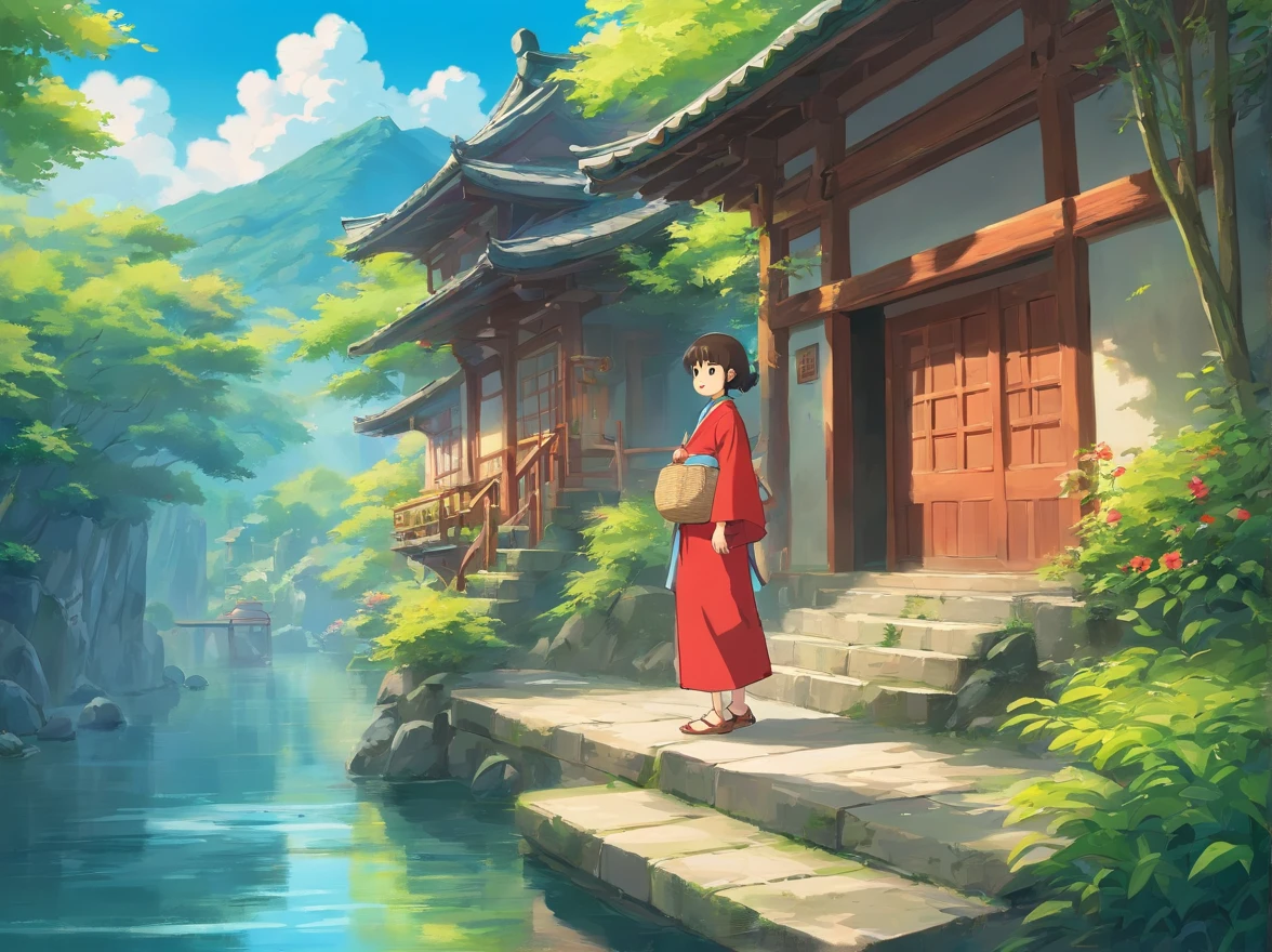 with blue sky and white clouds、15-year-old boy wearing red Zhuang costume、Carry a bag、Climb over small hills，Cross the river 。Come to the quaint bamboo building and look up。（Bamboo building on the hillside，big breasts beautiful，Laid back，There are two floors，There was a sofa，tables and chairs，k hd，high-definition picture quality，Tremendously beautiful，rays of sunshine，the trees，the woods，naturey，Flowers，pools of water，style of anime，Miyazaki painting style，Gipley style）