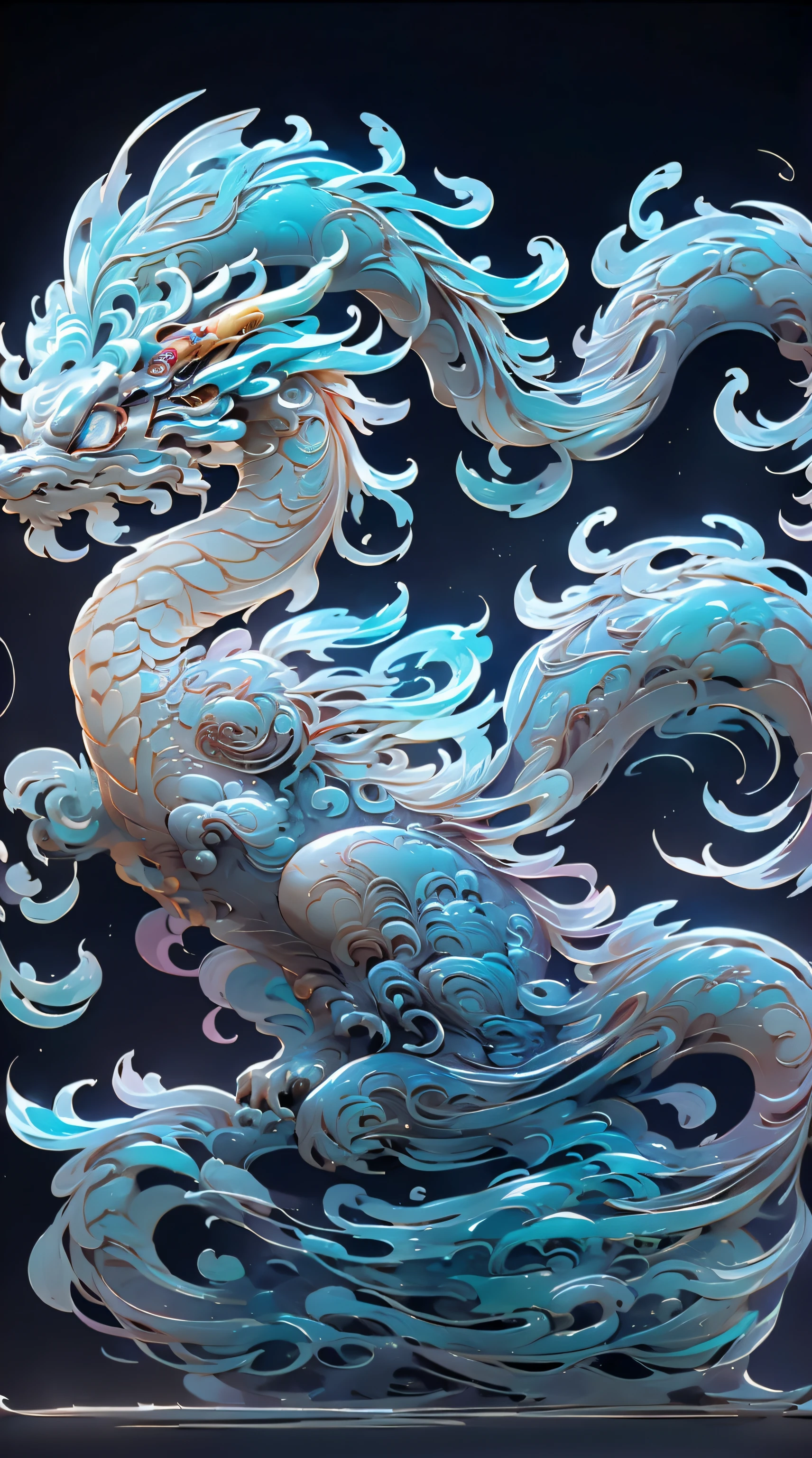 The shape of a dragon,clean backdrop,Dreamy colors,Transparent statue,florals,Big eyes,blue colors,Clear eyes,tmasterpiece,(best qualtiy:1.3), full bodyesbian,((chinesedragon)),Dragon's horn,