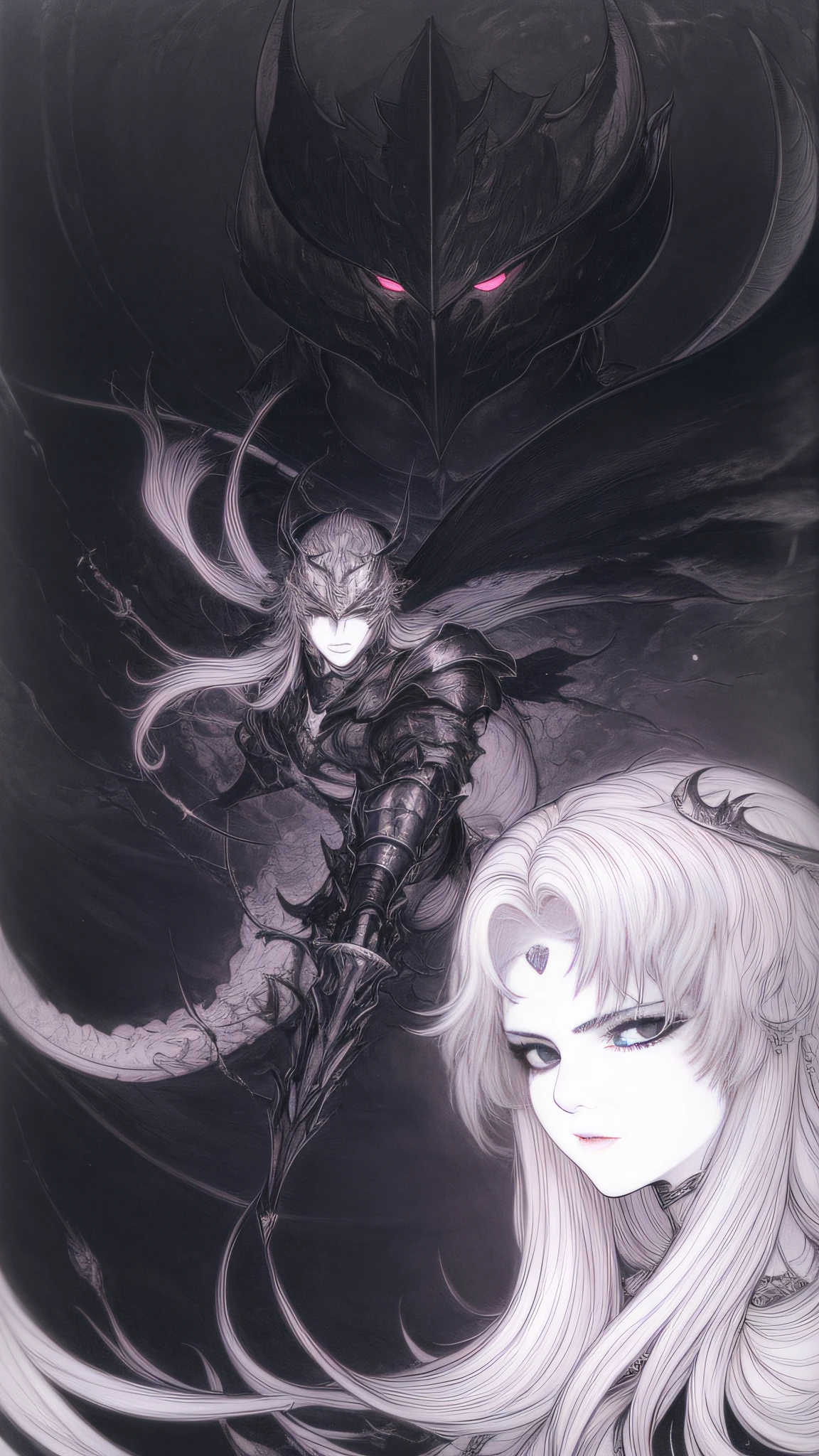 Rough sketch(((Black Knight)))、White background、、line-drawing、pale color、、Fantastical、coarser line、Painterly、Lively poses、Crow's feathers、Delicate touch、fine lines、white of the eye、Clenching teeth、wriggling the body、fullface、black horns、Black Armor、silhuette、Black and purple gradient、 (Dark dim dramatic atmosphere)+ 8k portrait of a girl with super long aurora hair