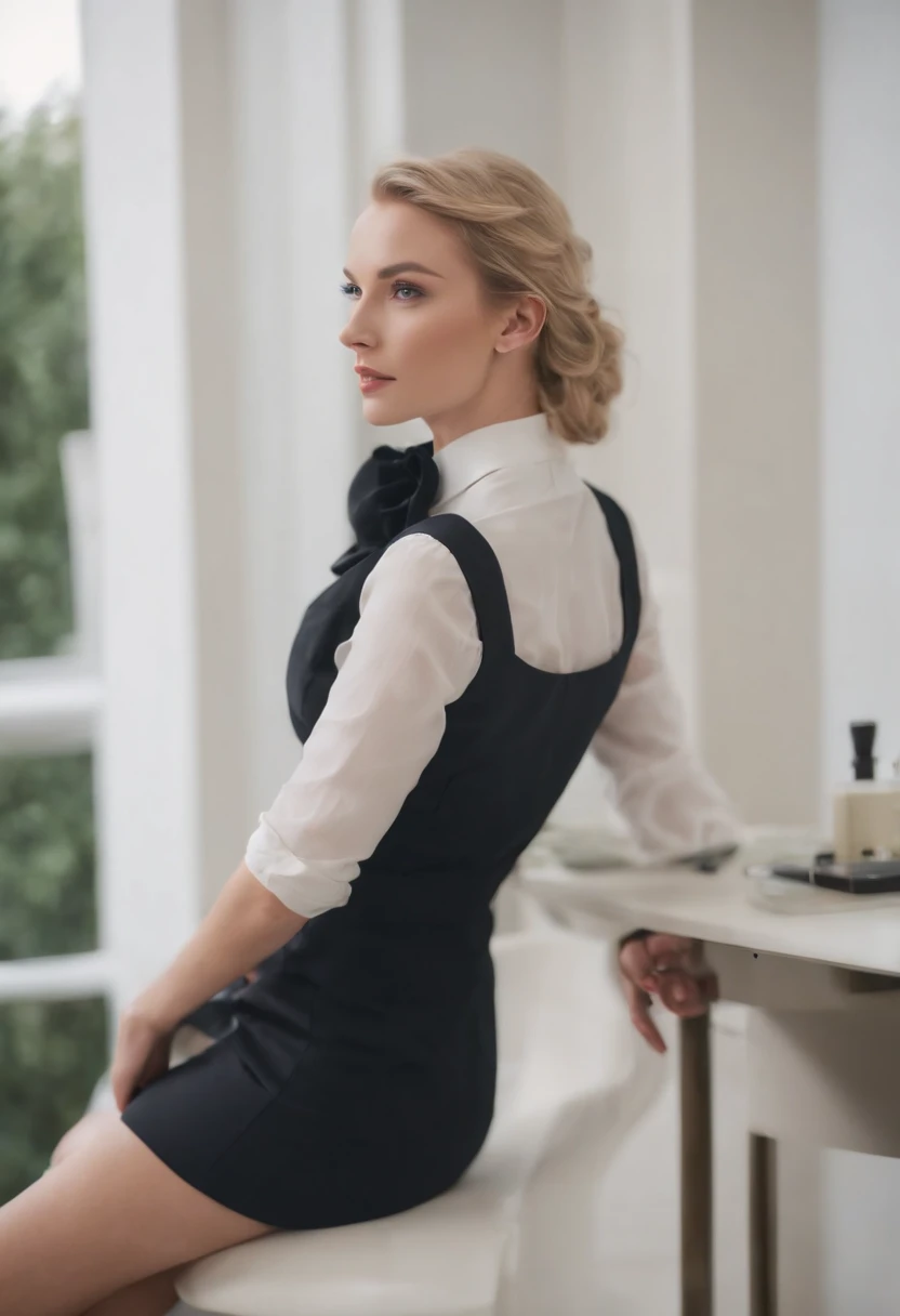 Workwear for the workplace,belle fille blonde,longues jambes,collants noirs,talons hauts, fond nature