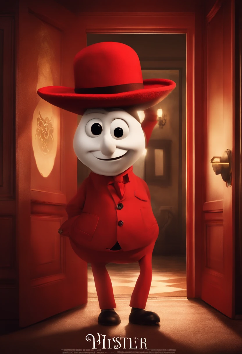 pixar style: a player wearing a red hat and a red hotel suit and black pants with white skin, painterly style,disney pixar movie poster with the words below, DOORS the movie