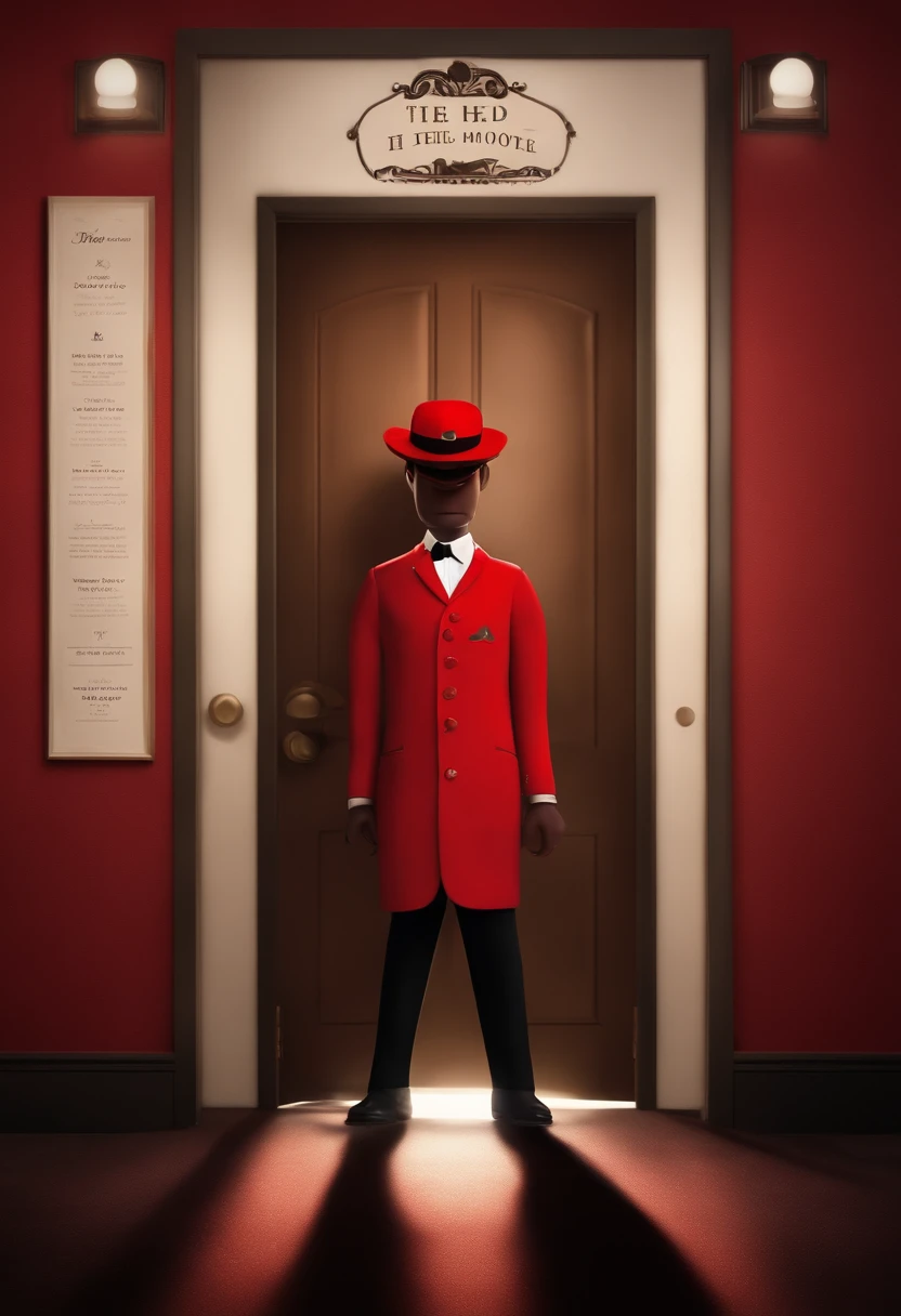 pixar style: a player wearing a red hat and a red hotel suit and black pants with white skin, painterly style,disney pixar movie poster with the words below, DOORS the movie
