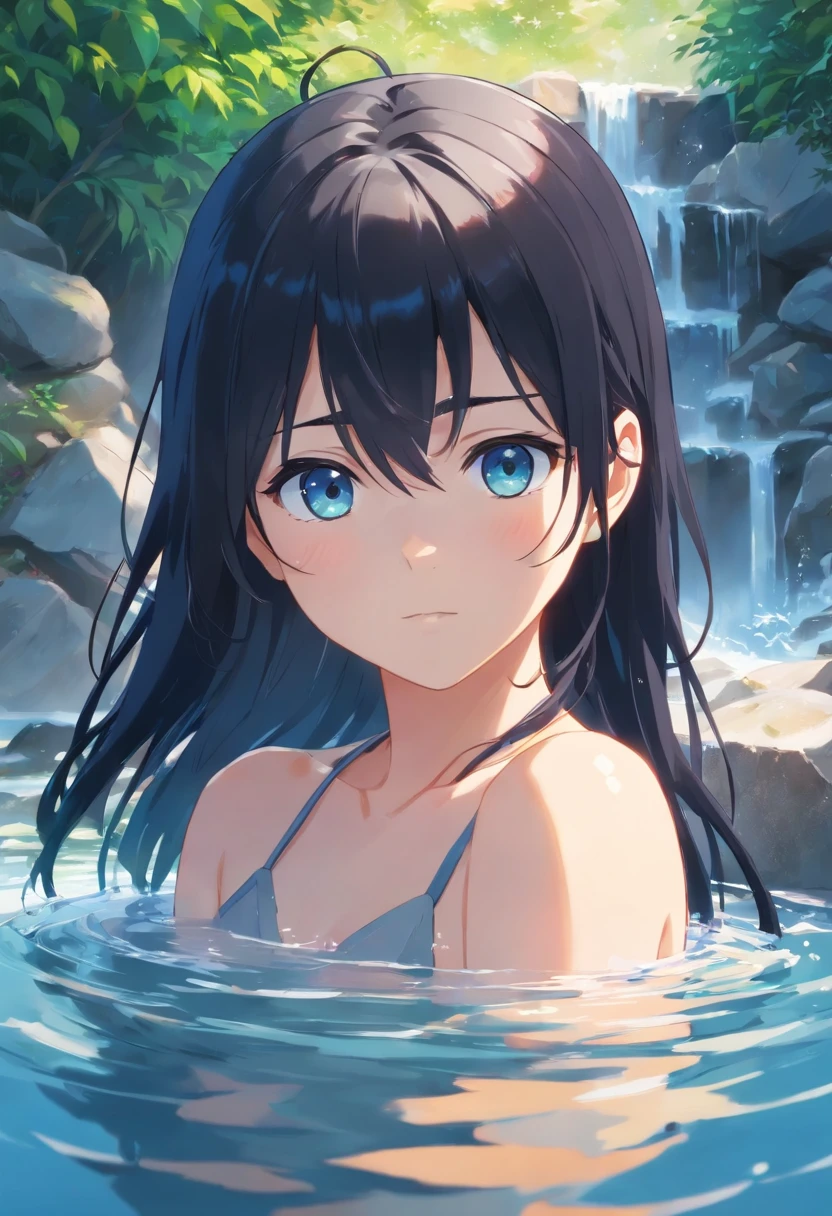 Junior high school boy taking a hot spring。Her long, beautiful black hair is partially soaked in hot water.。Eye color is blue。Very slim, girlish and cute。No clothes are worn。Embarrassing