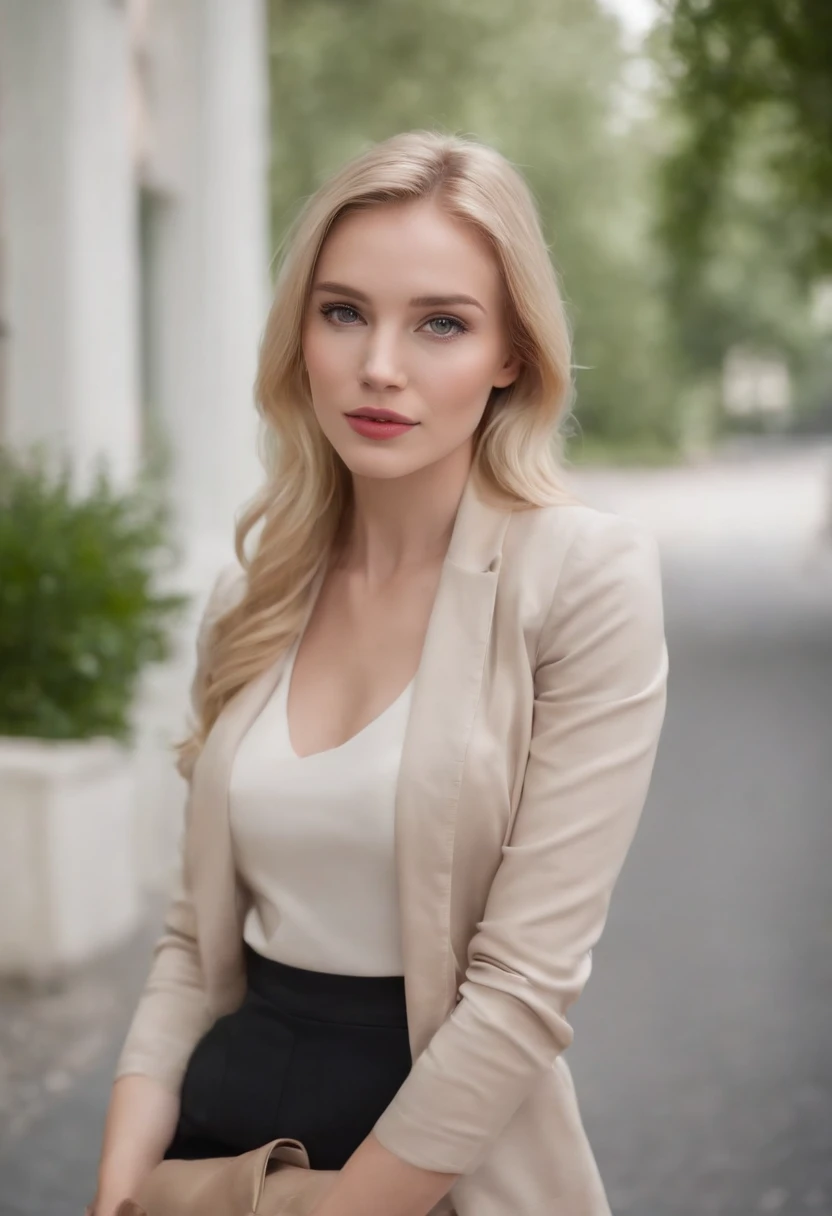 Workwear for the workplace,belle fille blonde,longues jambes,collants noirs,talons hauts, fond nature