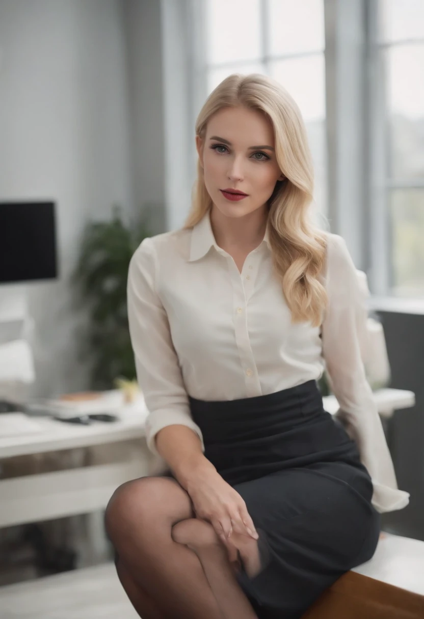 Workwear for the workplace,belle fille blonde,longues jambes,collants noirs,talons hauts, fond nature