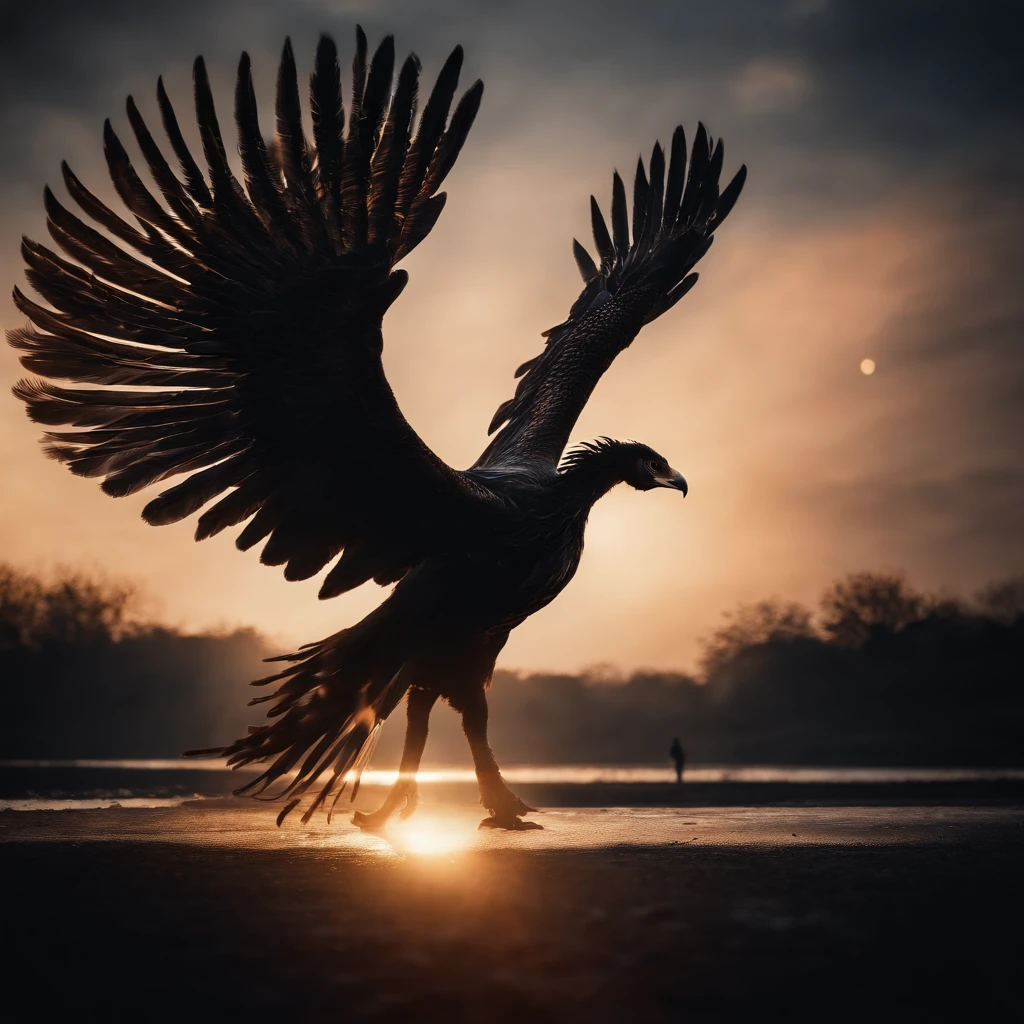 Double exposure black phoenix and a man walking towards new dawn